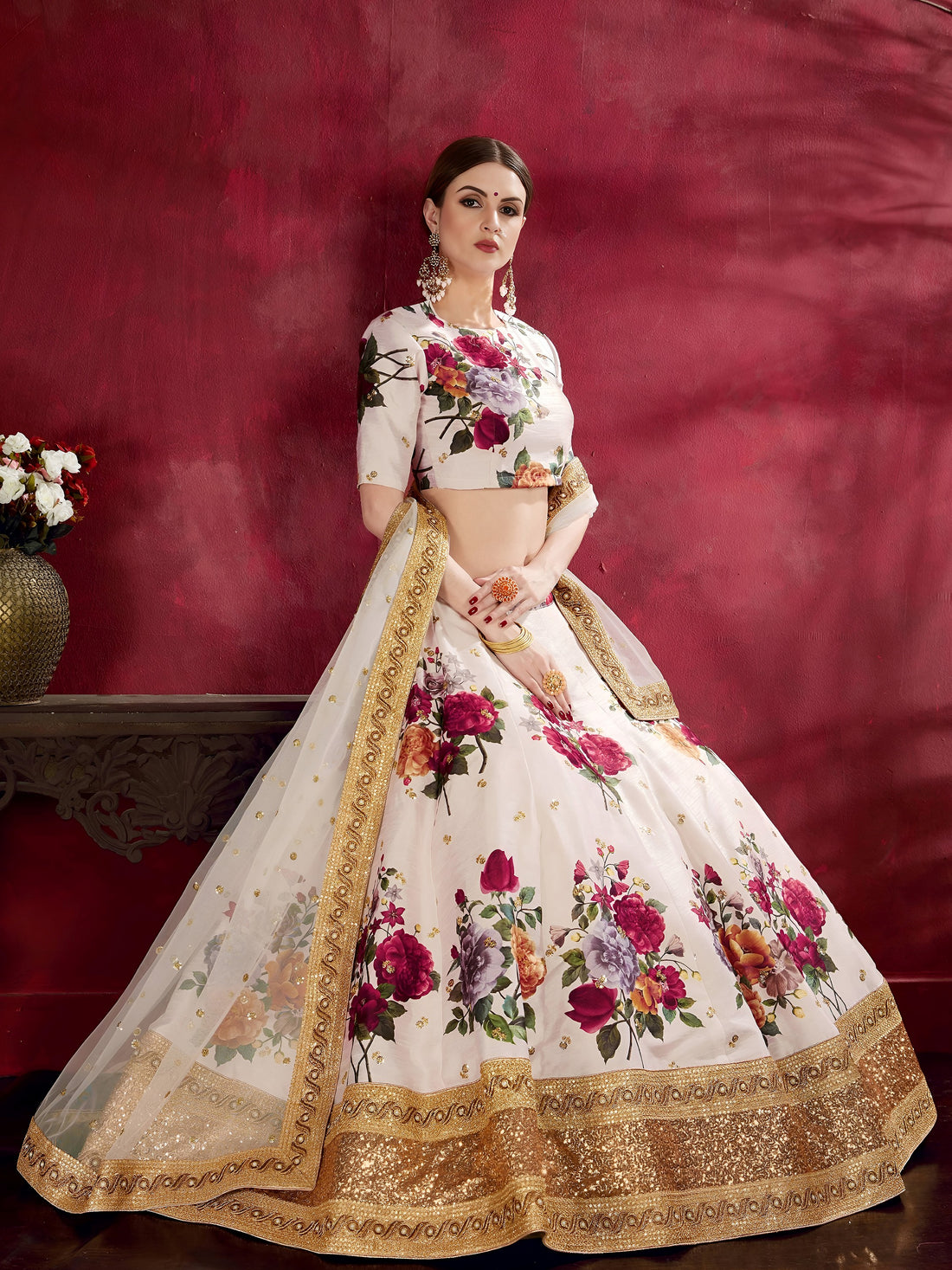 Off-White Floral Print Banglori Silk Wedding Wear Lehenga Choli