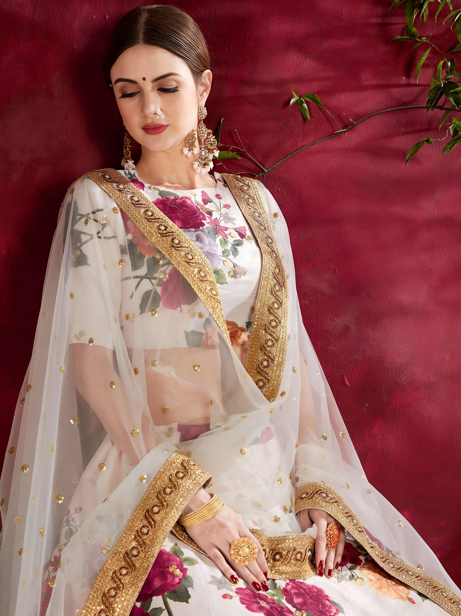 Off-White Floral Print Banglori Silk Wedding Wear Lehenga Choli