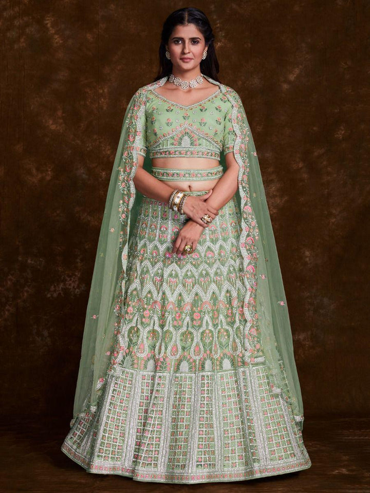 Glamorous Pista Green Zarkan Work Lehenga Choli With Soft Net Dupatta