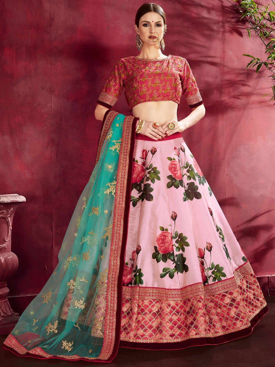 Rose-Pink Floral Print Banglori Silk Wedding Wear Lehenga Choli
