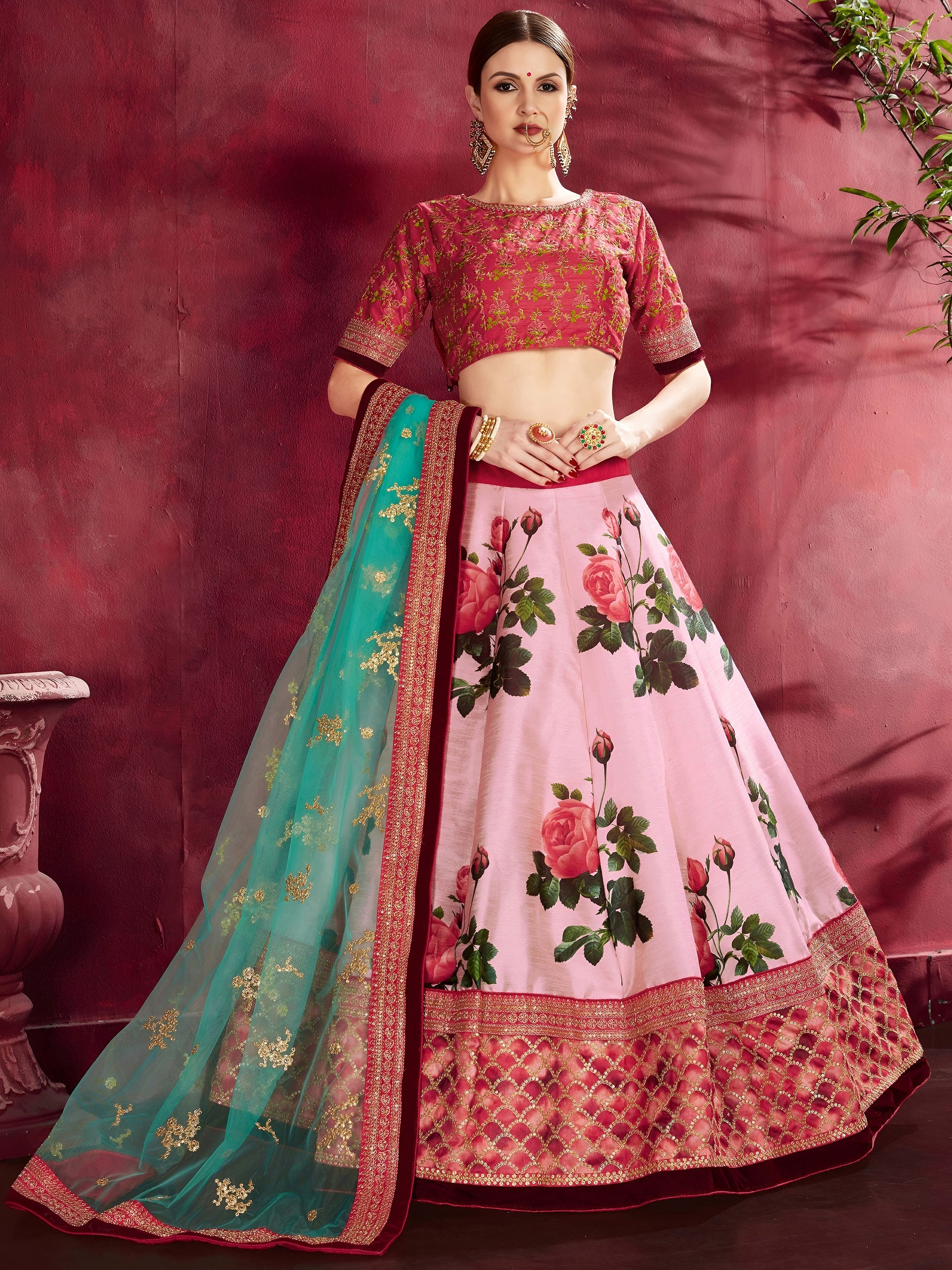 Rose-Pink Floral Print Banglori Silk Wedding Wear Lehenga Choli