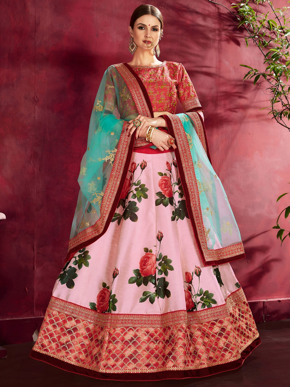 Rose-Pink Floral Print Banglori Silk Wedding Wear Lehenga Choli