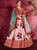 Rose-Pink Floral Print Banglori Silk Wedding Wear Lehenga Choli