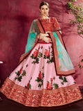 Rose-Pink Floral Print Banglori Silk Wedding Wear Lehenga Choli
