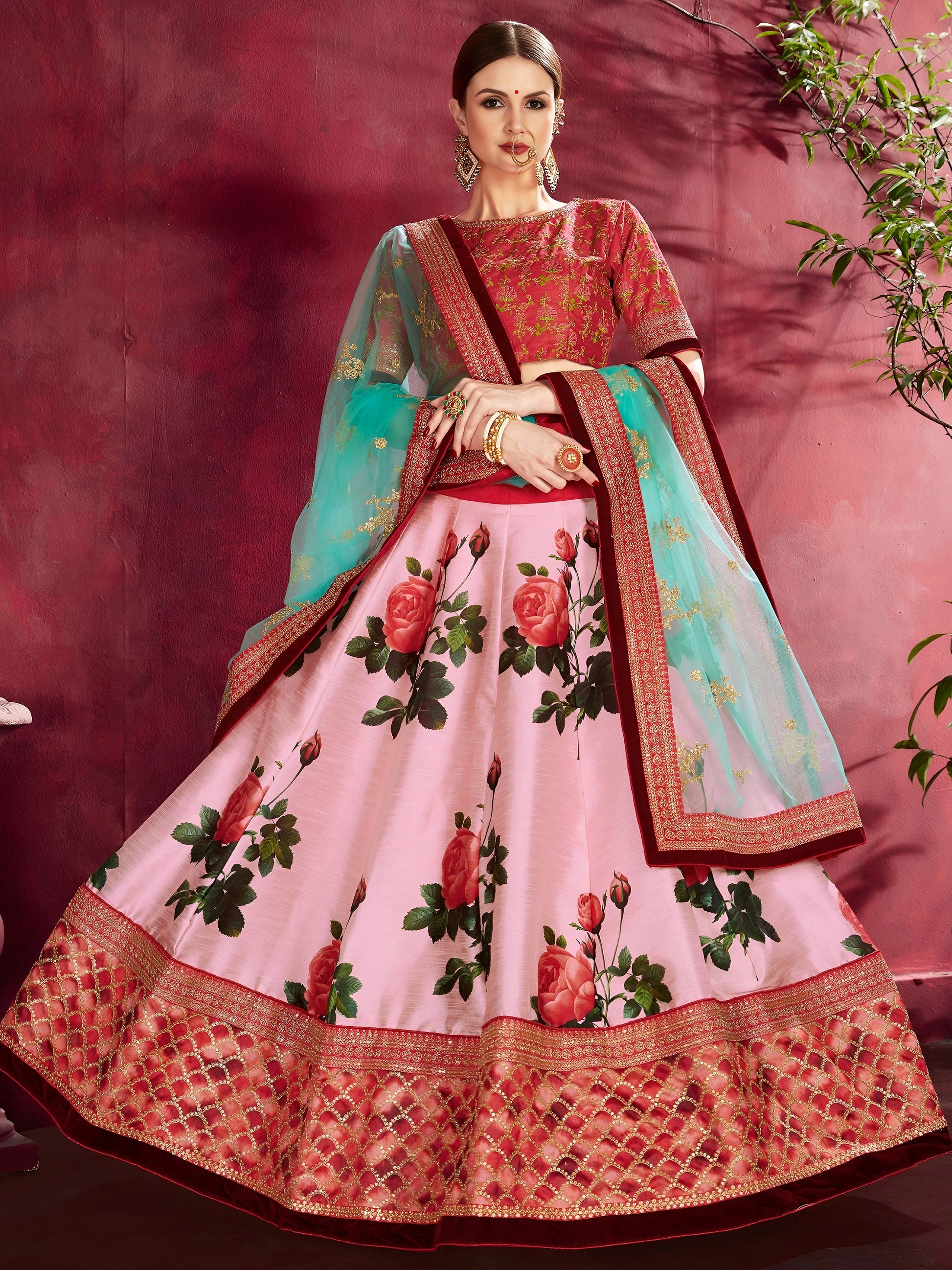Rose-Pink Floral Print Banglori Silk Wedding Wear Lehenga Choli