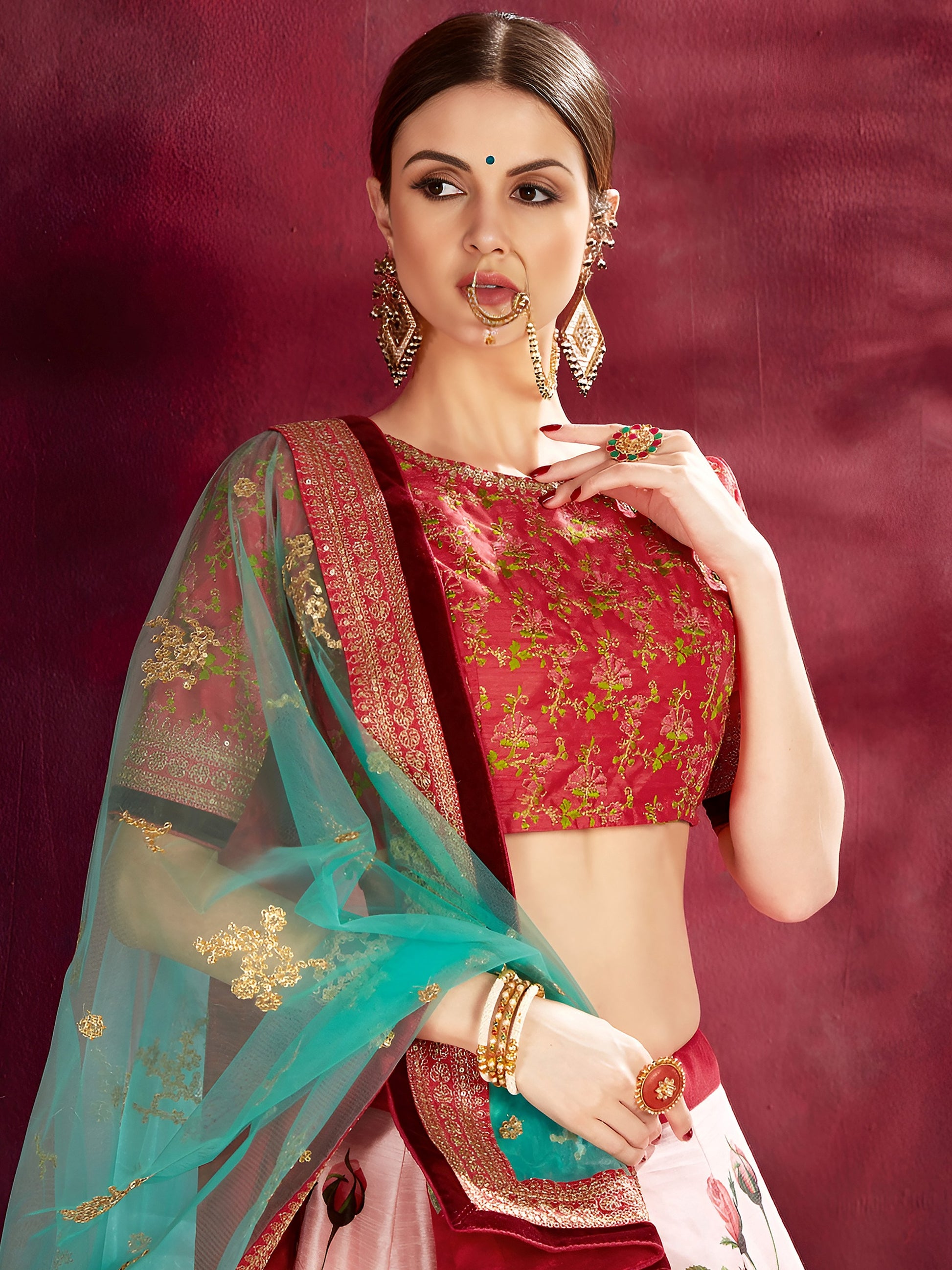 Rose-Pink Floral Print Banglori Silk Wedding Wear Lehenga Choli