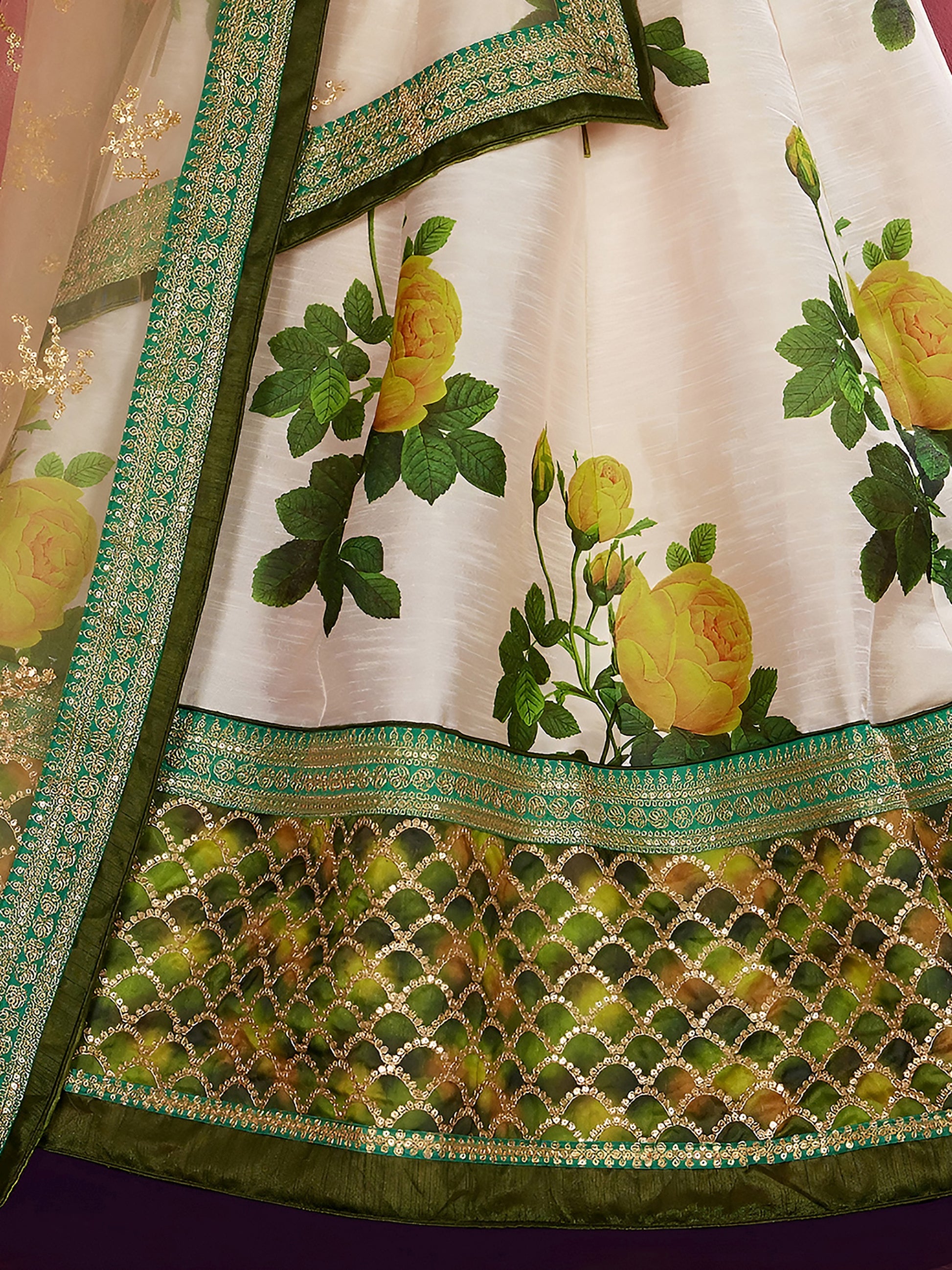 Cream-Green Floral Print Banglori Silk Wedding Wear Lehenga Choli