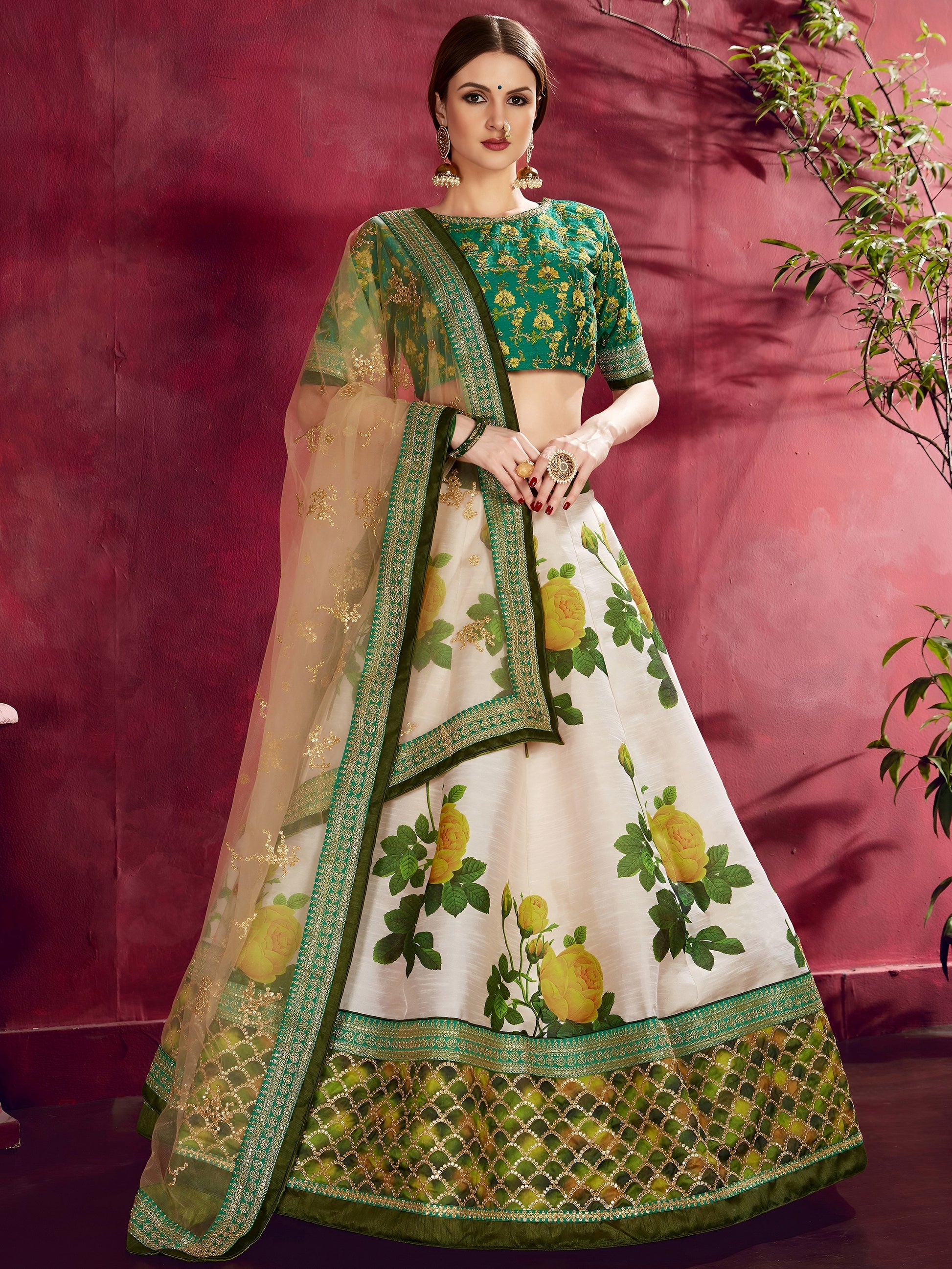 Cream-Green Floral Print Banglori Silk Wedding Wear Lehenga Choli