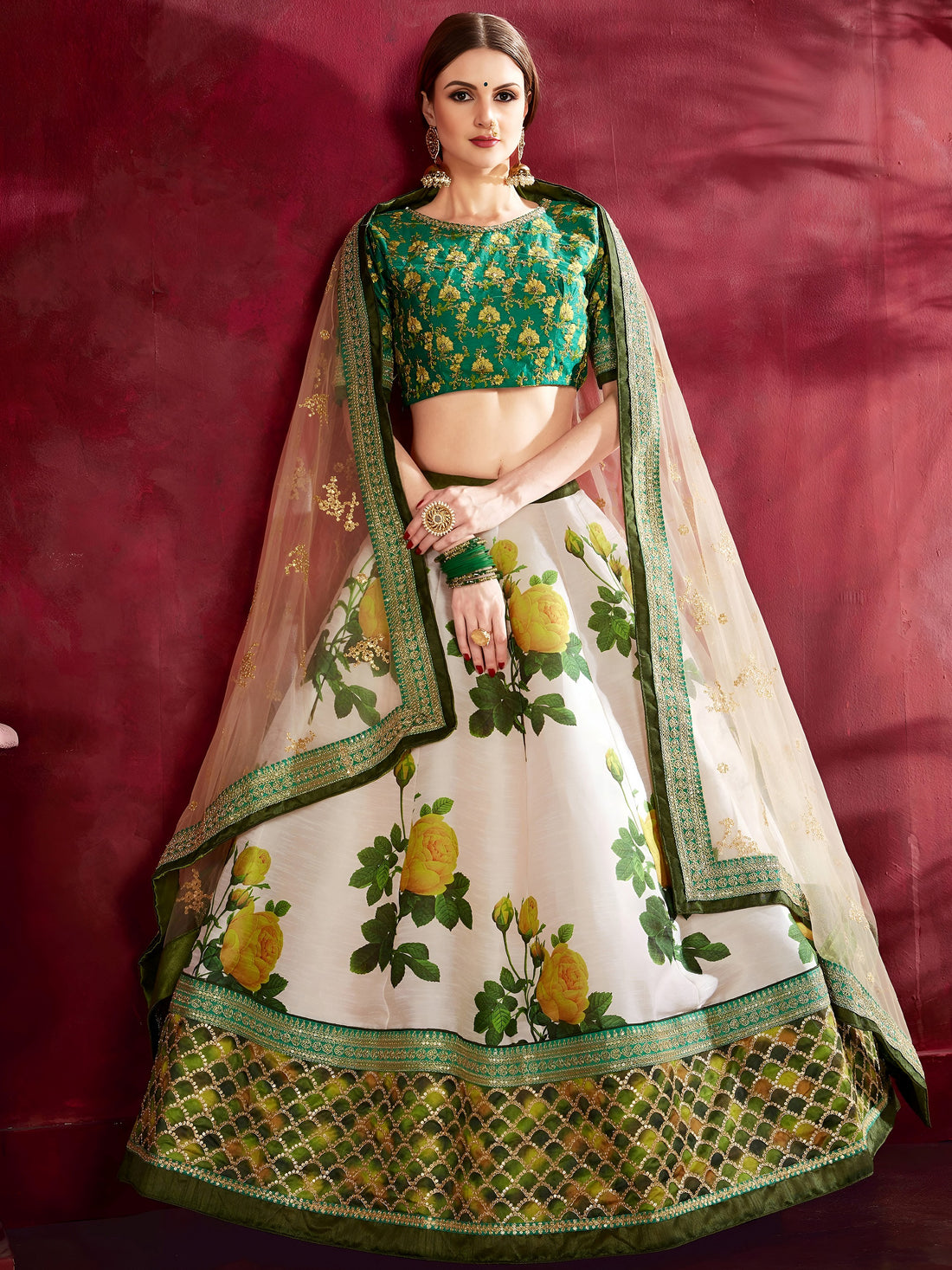Cream-Green Floral Print Banglori Silk Wedding Wear Lehenga Choli