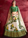 Cream-Green Floral Print Banglori Silk Wedding Wear Lehenga Choli
