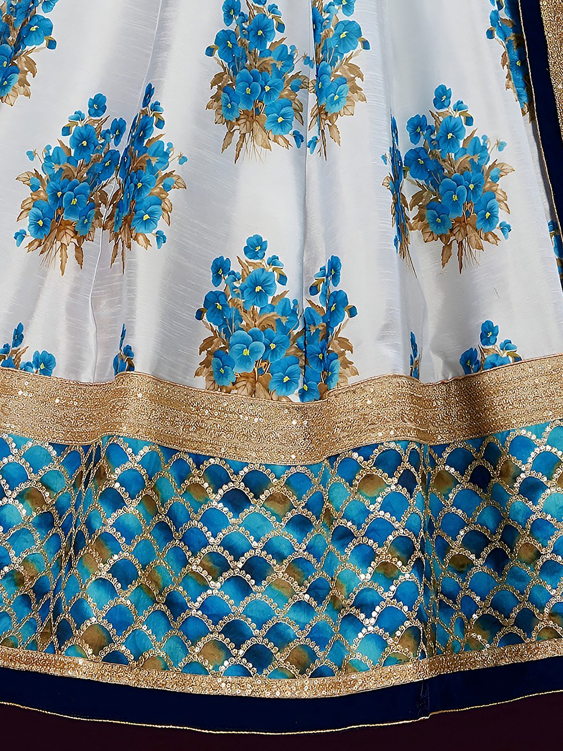 Blue & White Floral Print Banglori Silk Wedding Wear Lehenga Choli