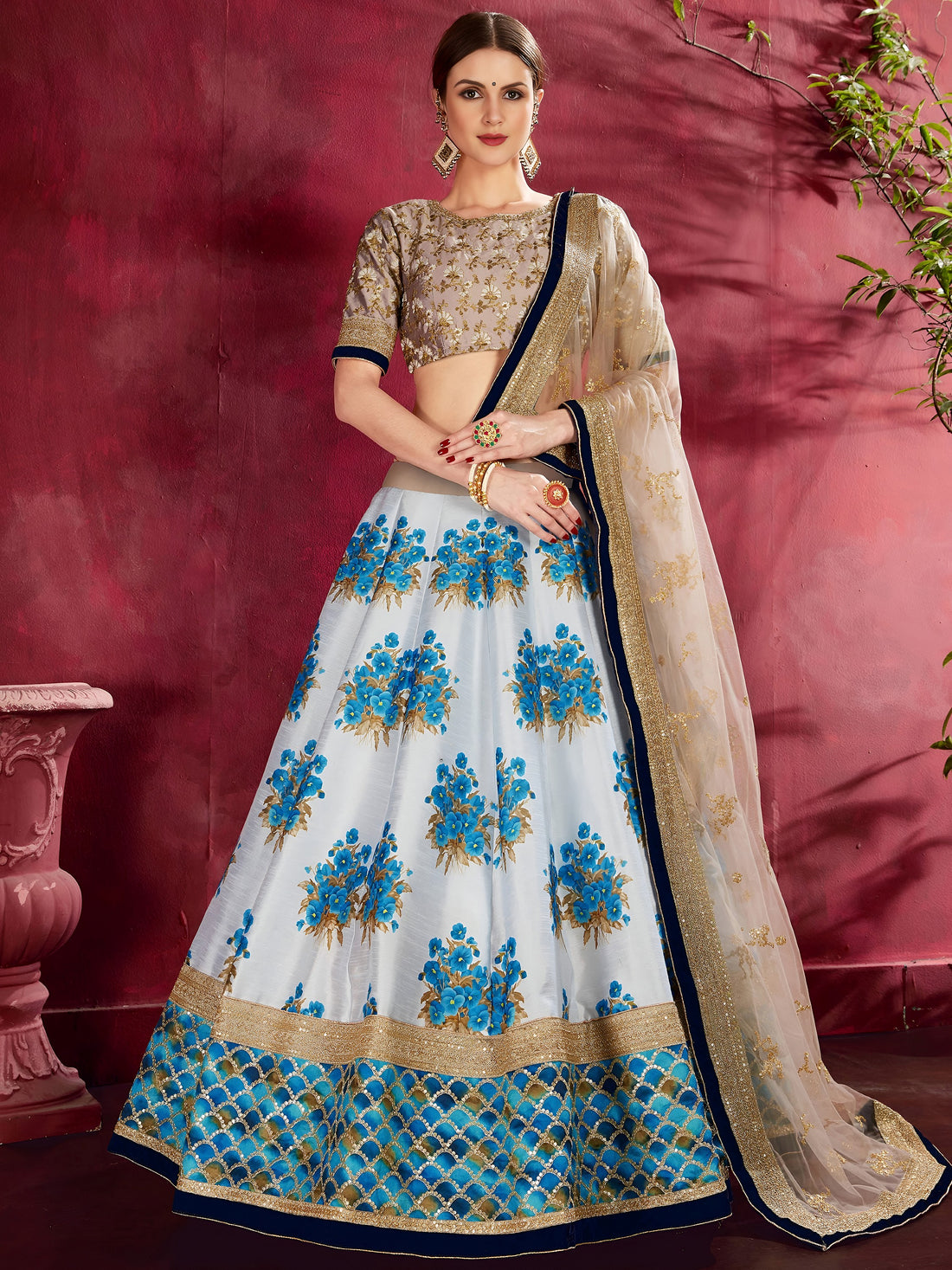 Blue & White Floral Print Banglori Silk Wedding Wear Lehenga Choli
