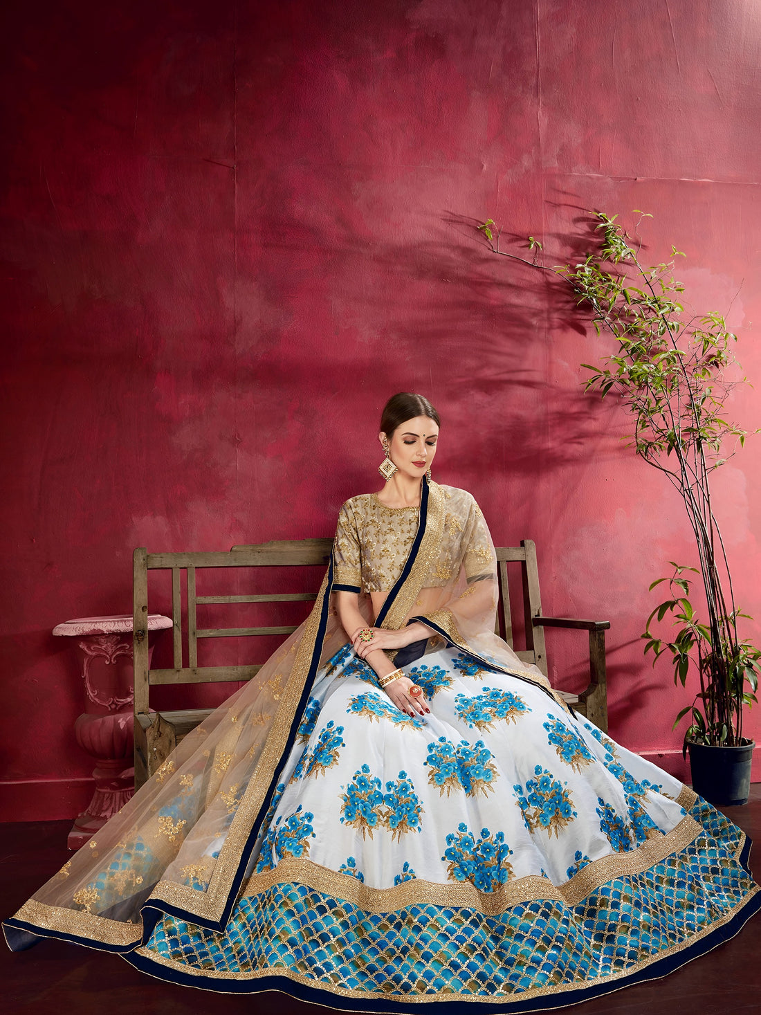 Blue & White Floral Print Banglori Silk Wedding Wear Lehenga Choli