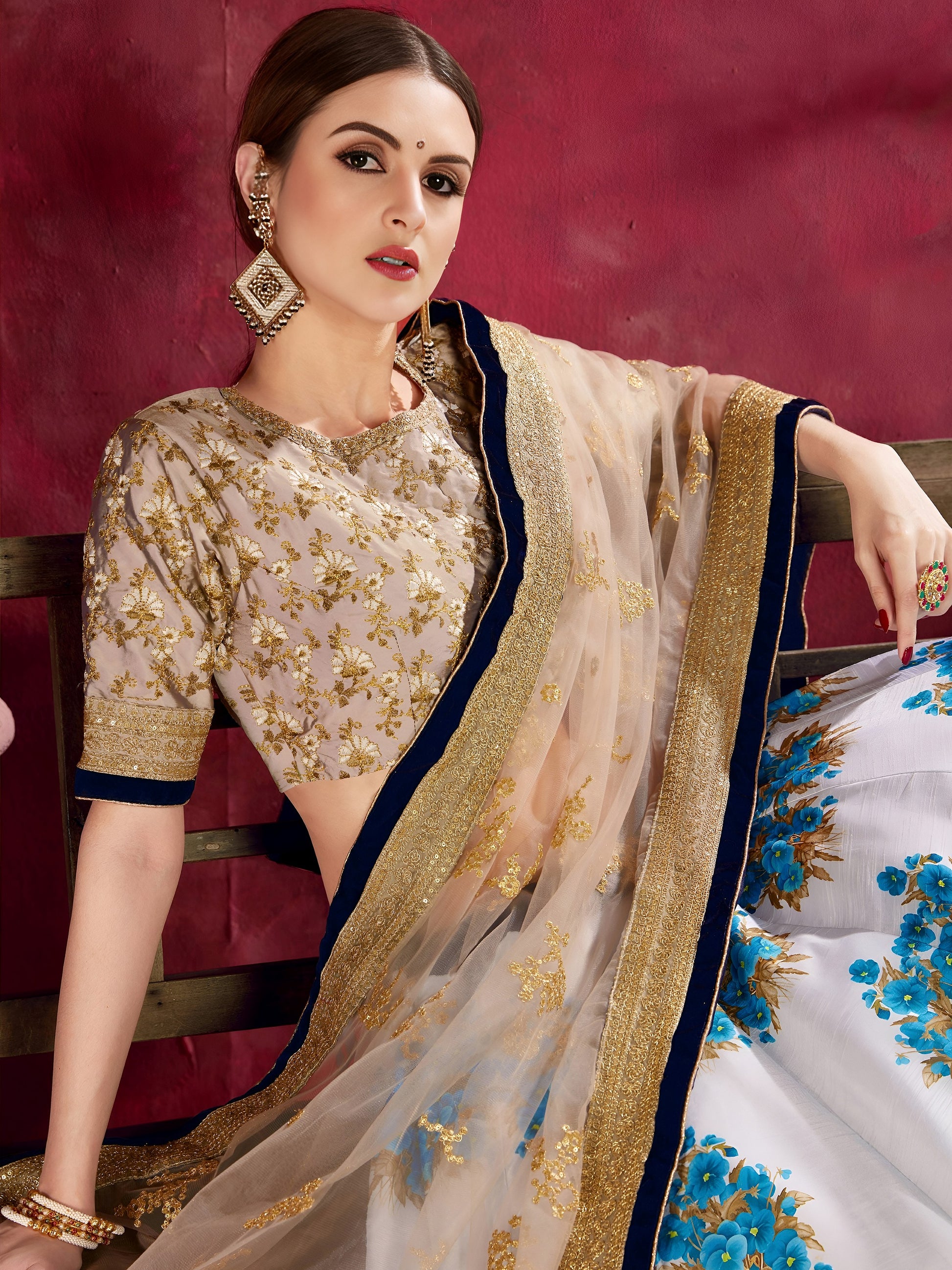 Blue & White Floral Print Banglori Silk Wedding Wear Lehenga Choli