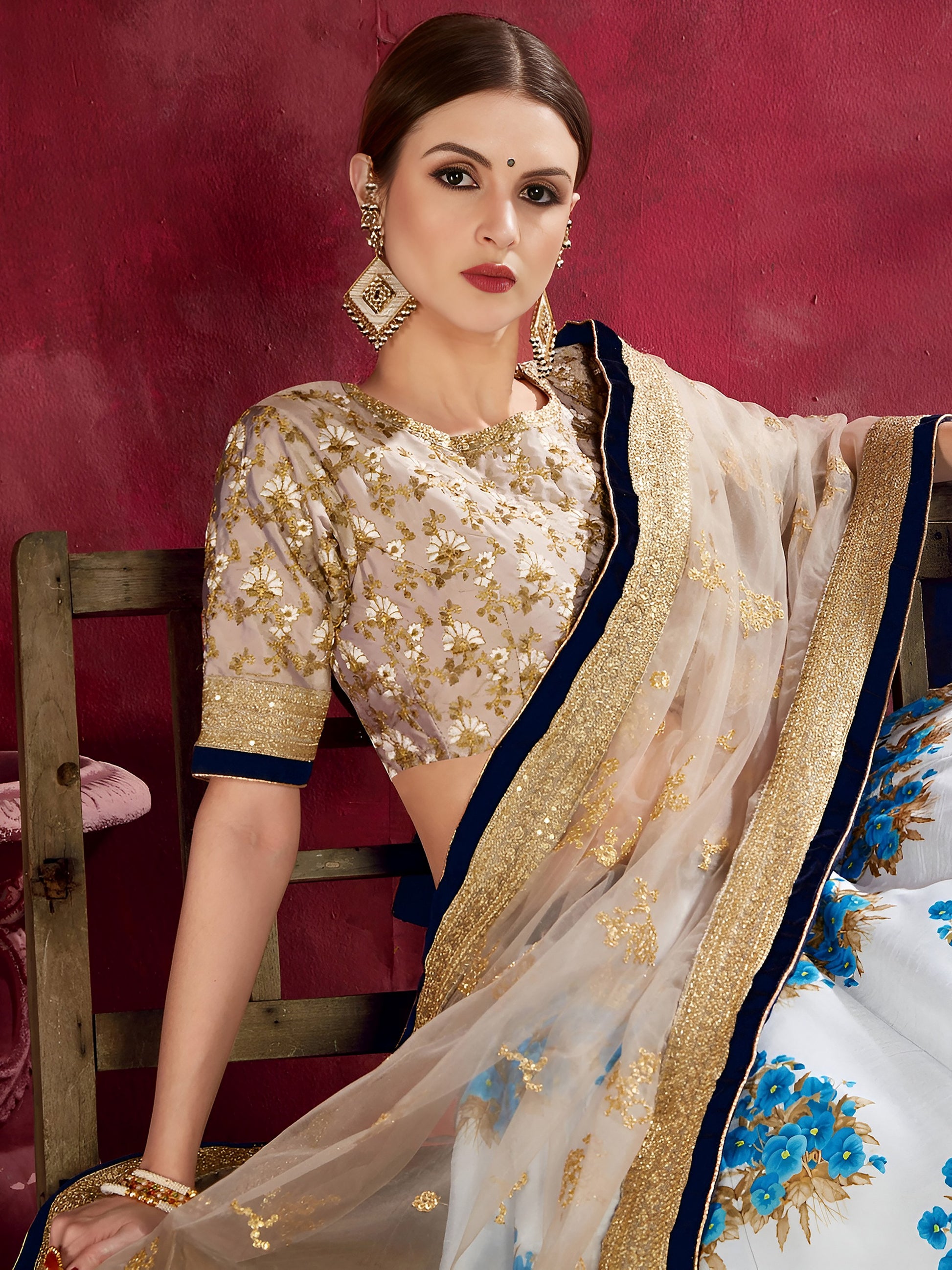 Blue & White Floral Print Banglori Silk Wedding Wear Lehenga Choli