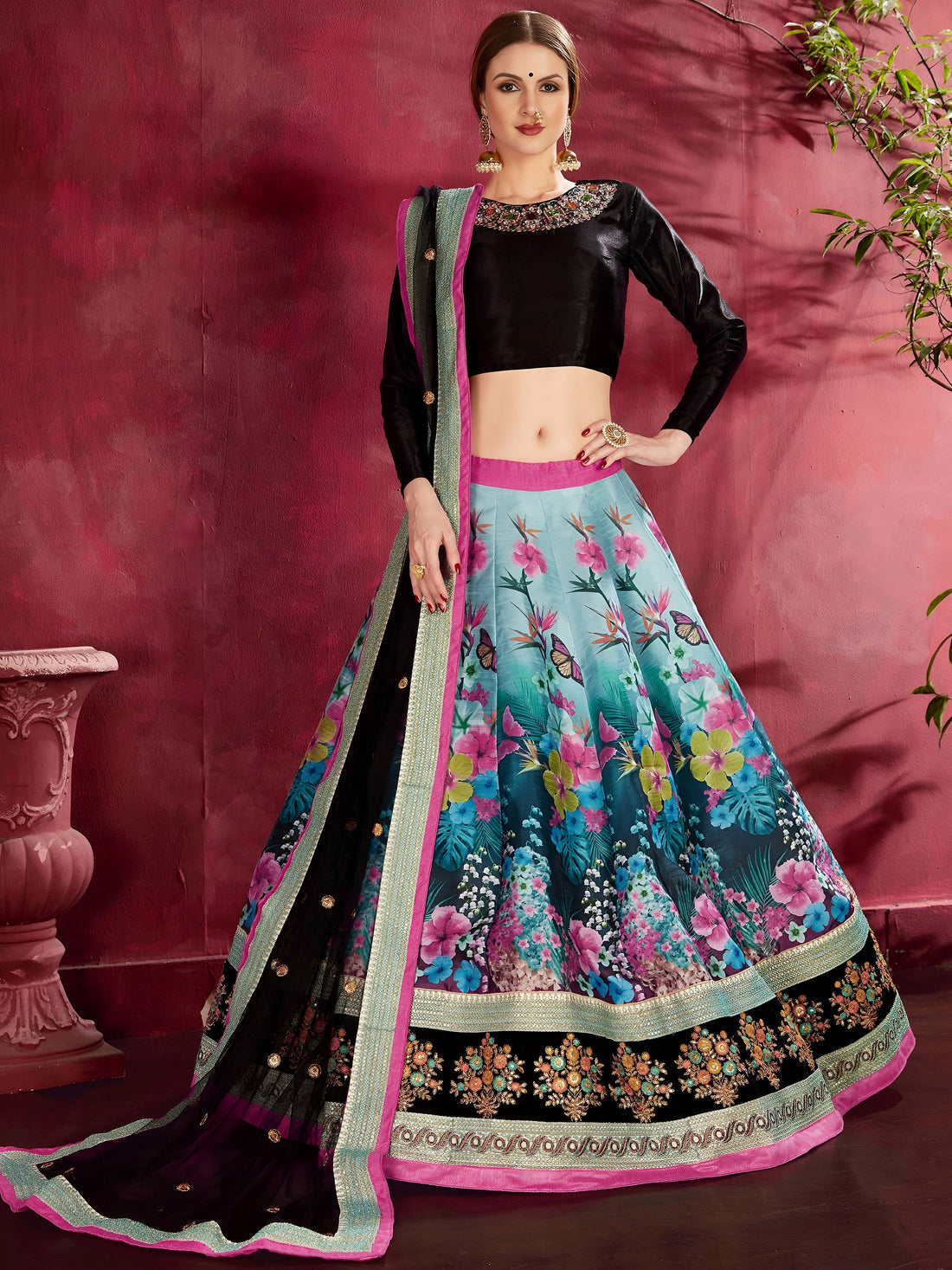 Multi-Color Floral Print Banglori Silk Wedding Wear Lehenga Choli