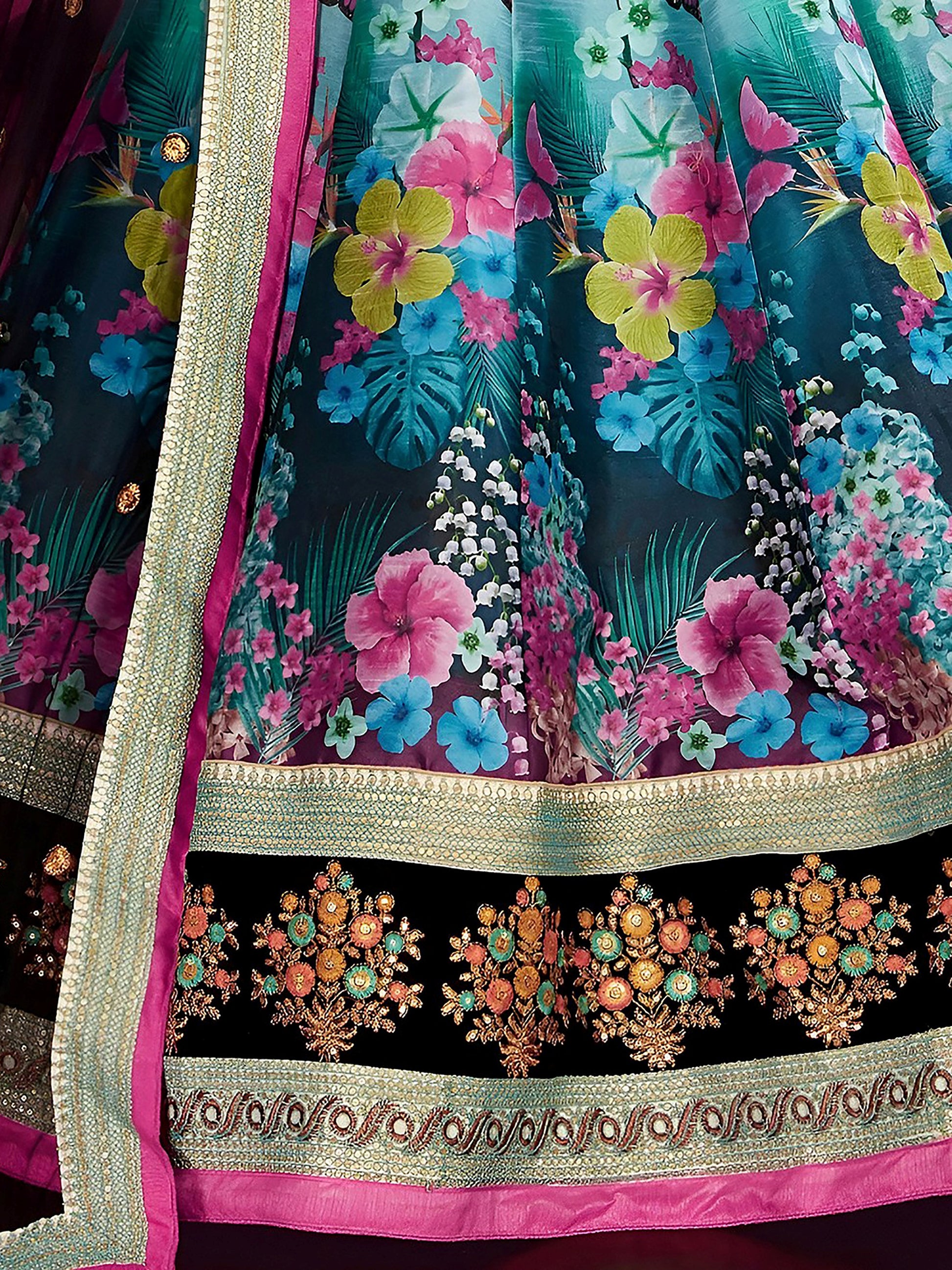 Multi-Color Floral Print Banglori Silk Wedding Wear Lehenga Choli