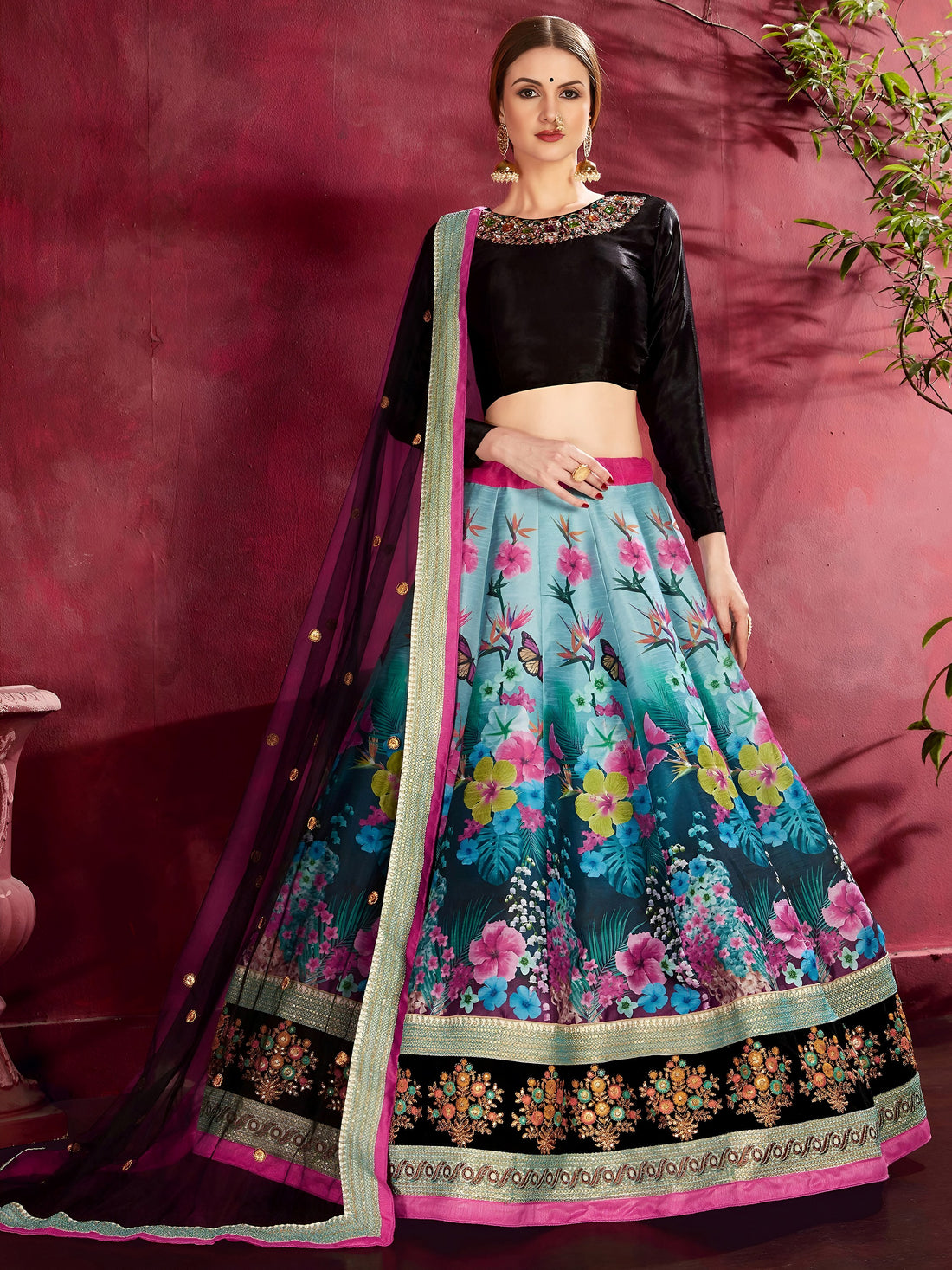Multi-Color Floral Print Banglori Silk Wedding Wear Lehenga Choli