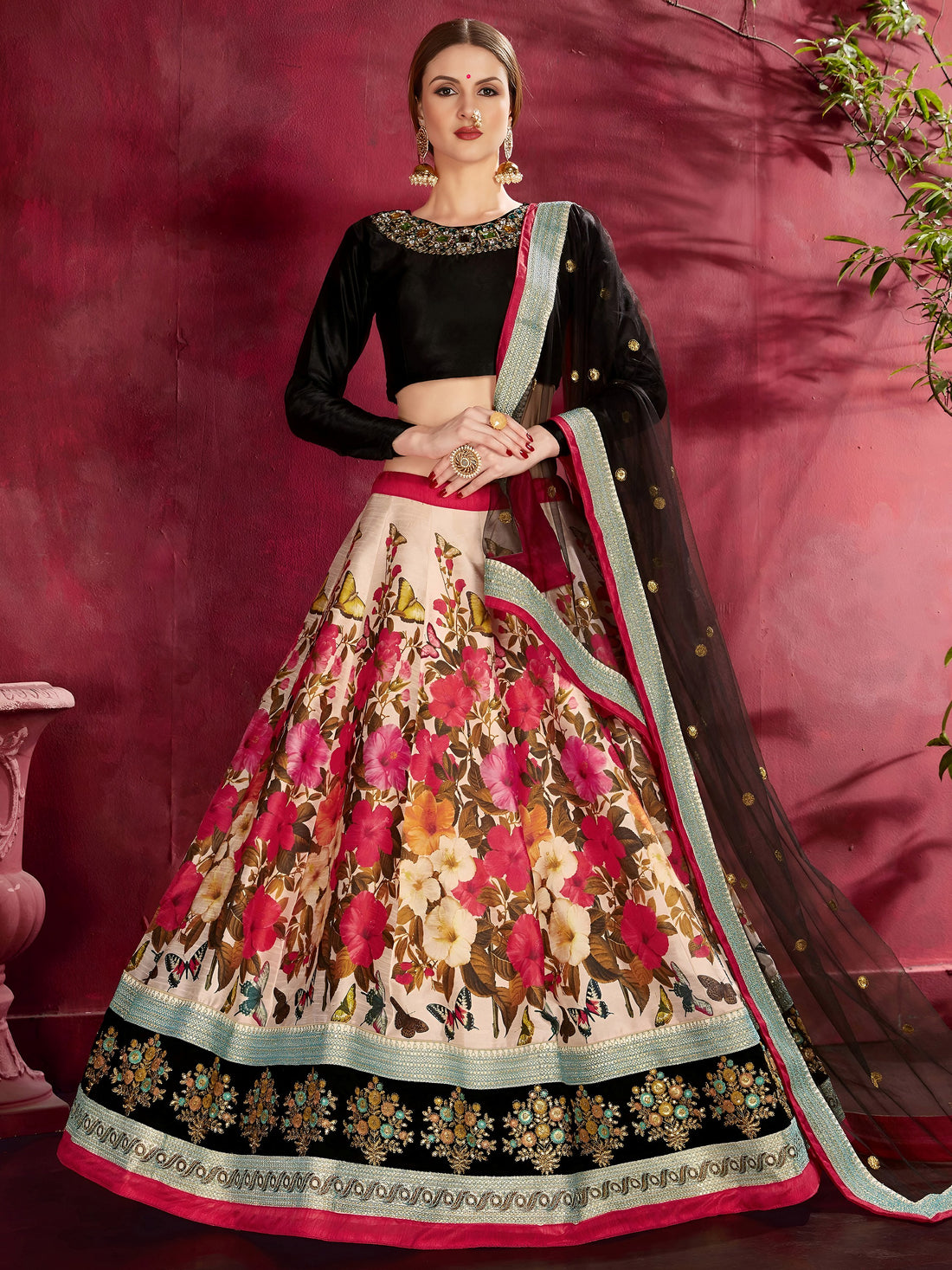 Multi-Color Floral Print Banglori Silk Reception Wear Lehenga Choli
