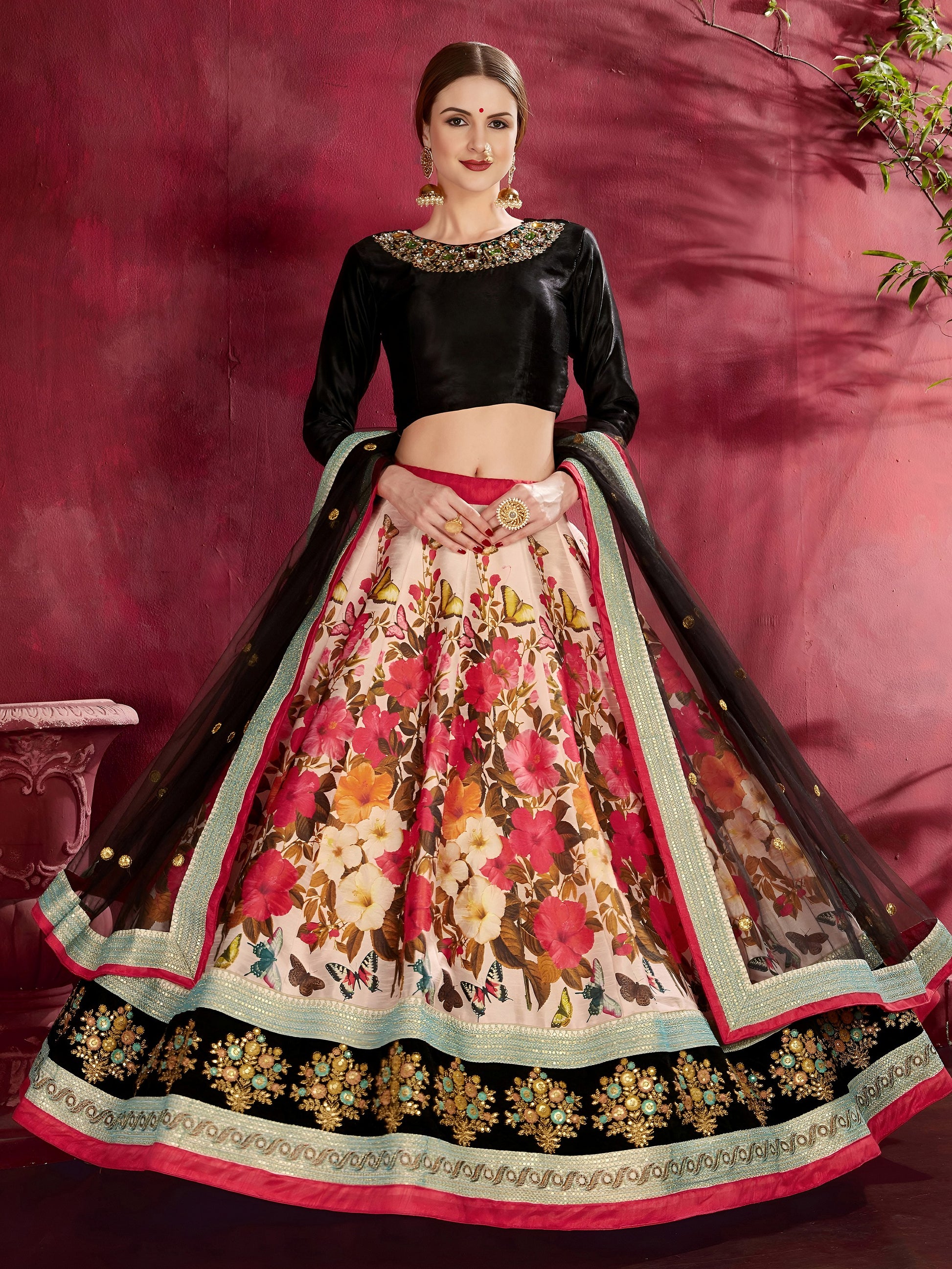 Multi-Color Floral Print Banglori Silk Reception Wear Lehenga Choli