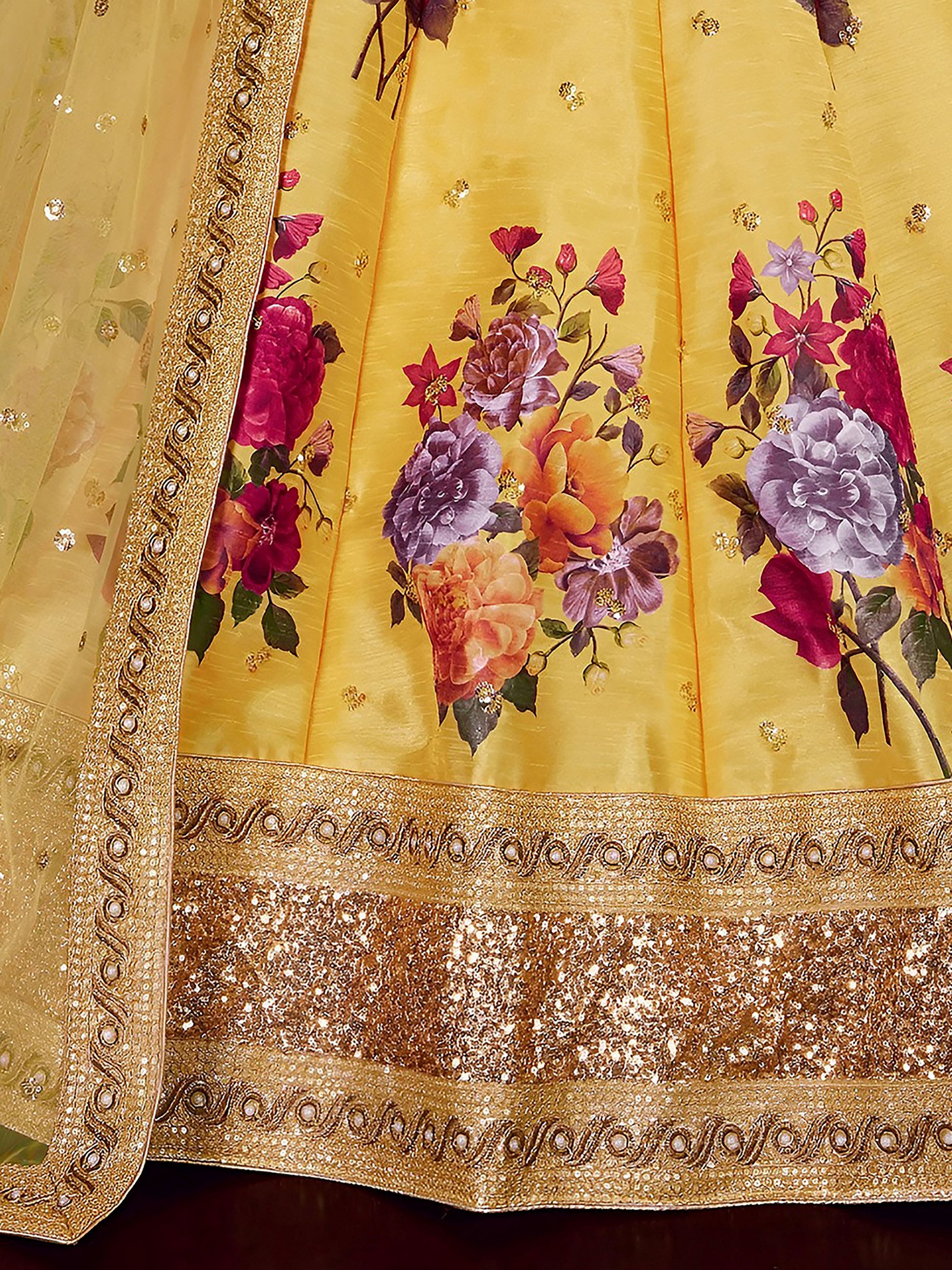 Yellow Floral Print Banglori Silk Haldi Wear Lehenga Choli