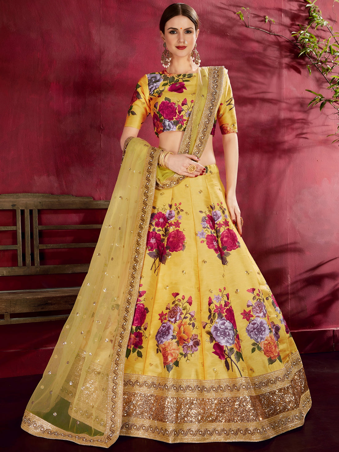 Yellow Floral Print Banglori Silk Haldi Wear Lehenga Choli