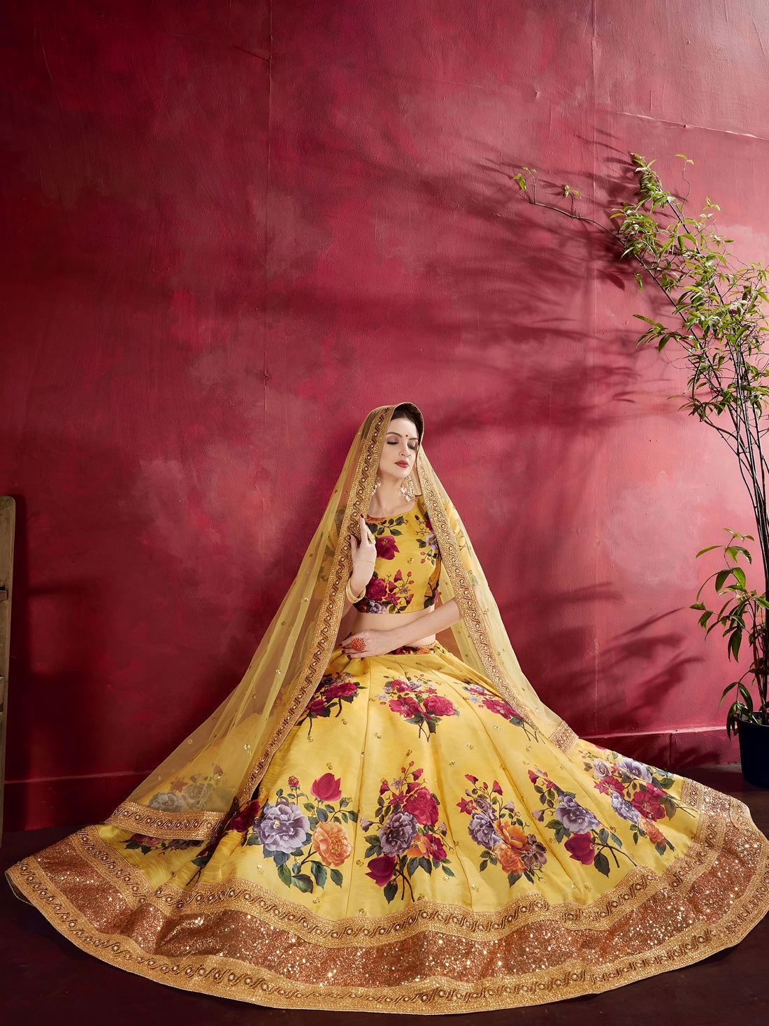 Yellow Floral Print Banglori Silk Haldi Wear Lehenga Choli