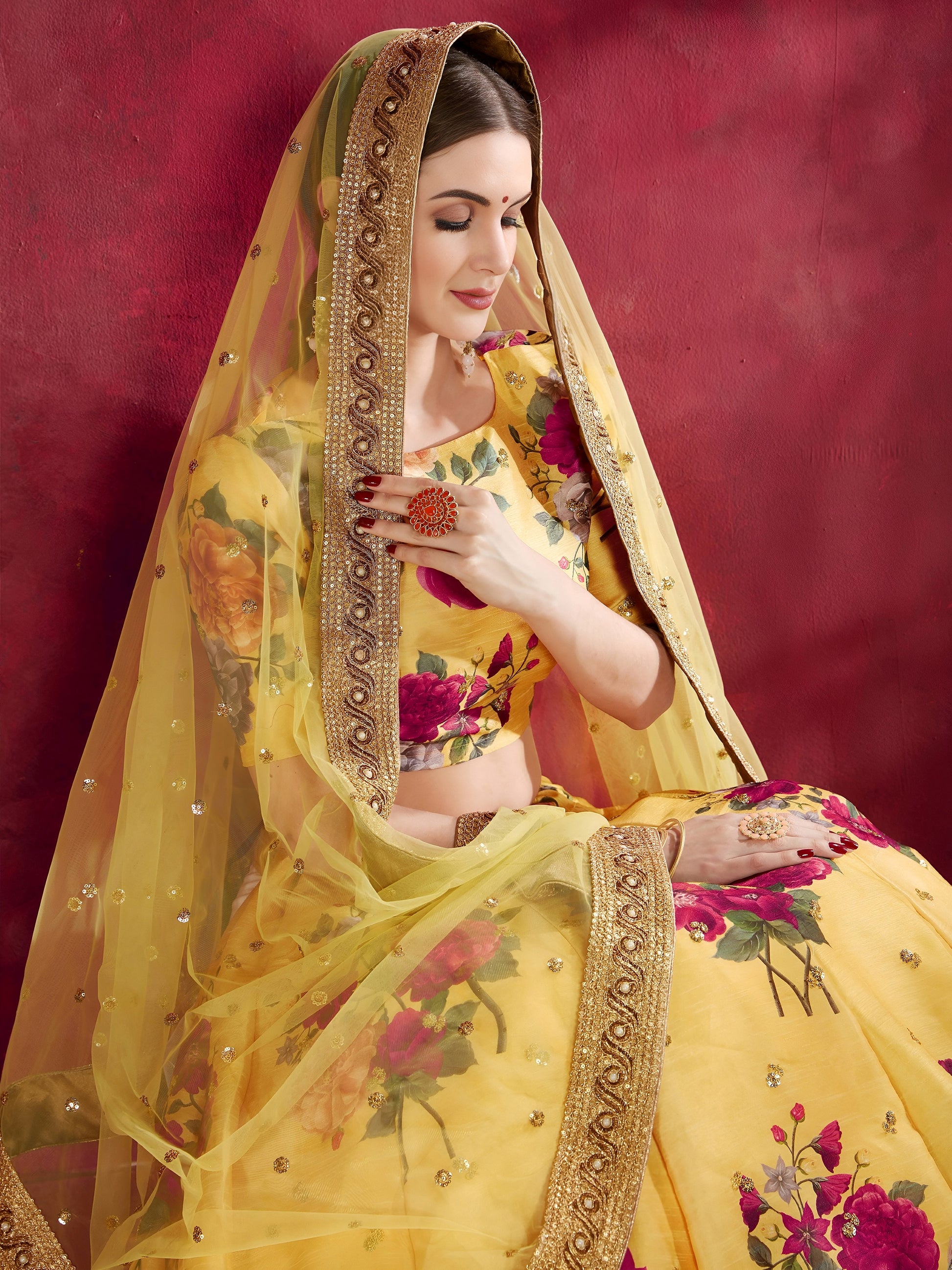 Yellow Floral Print Banglori Silk Haldi Wear Lehenga Choli