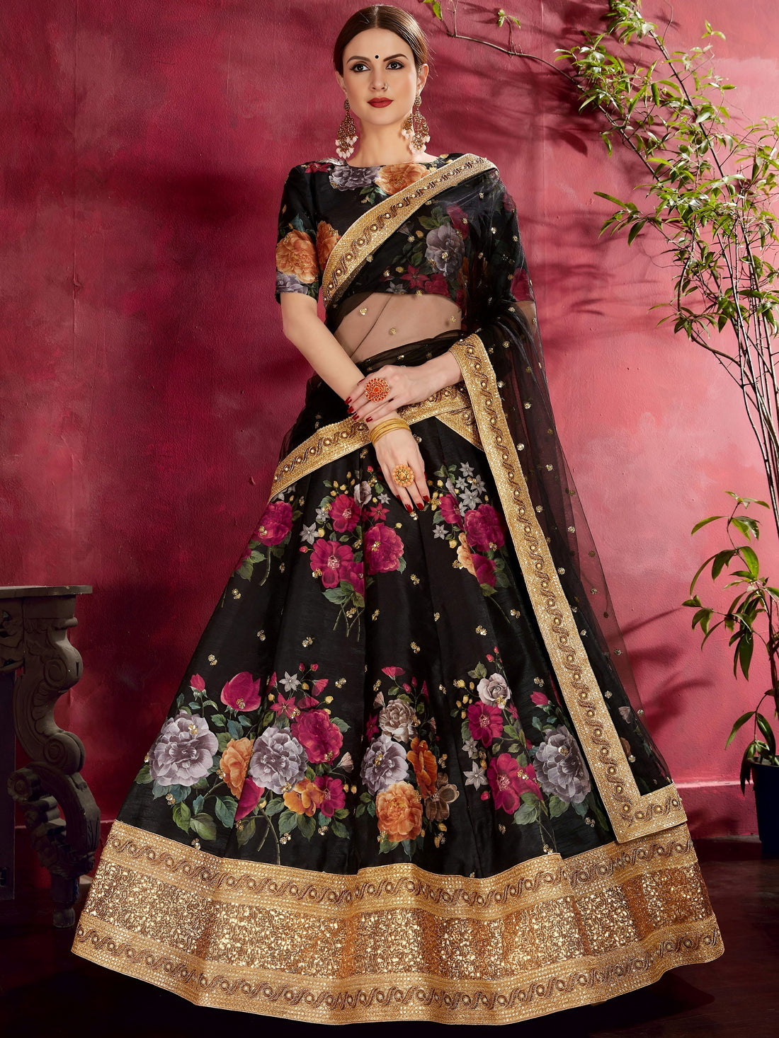 Black Floral Print Banglori Silk Sangeet Wear Lehenga Choli