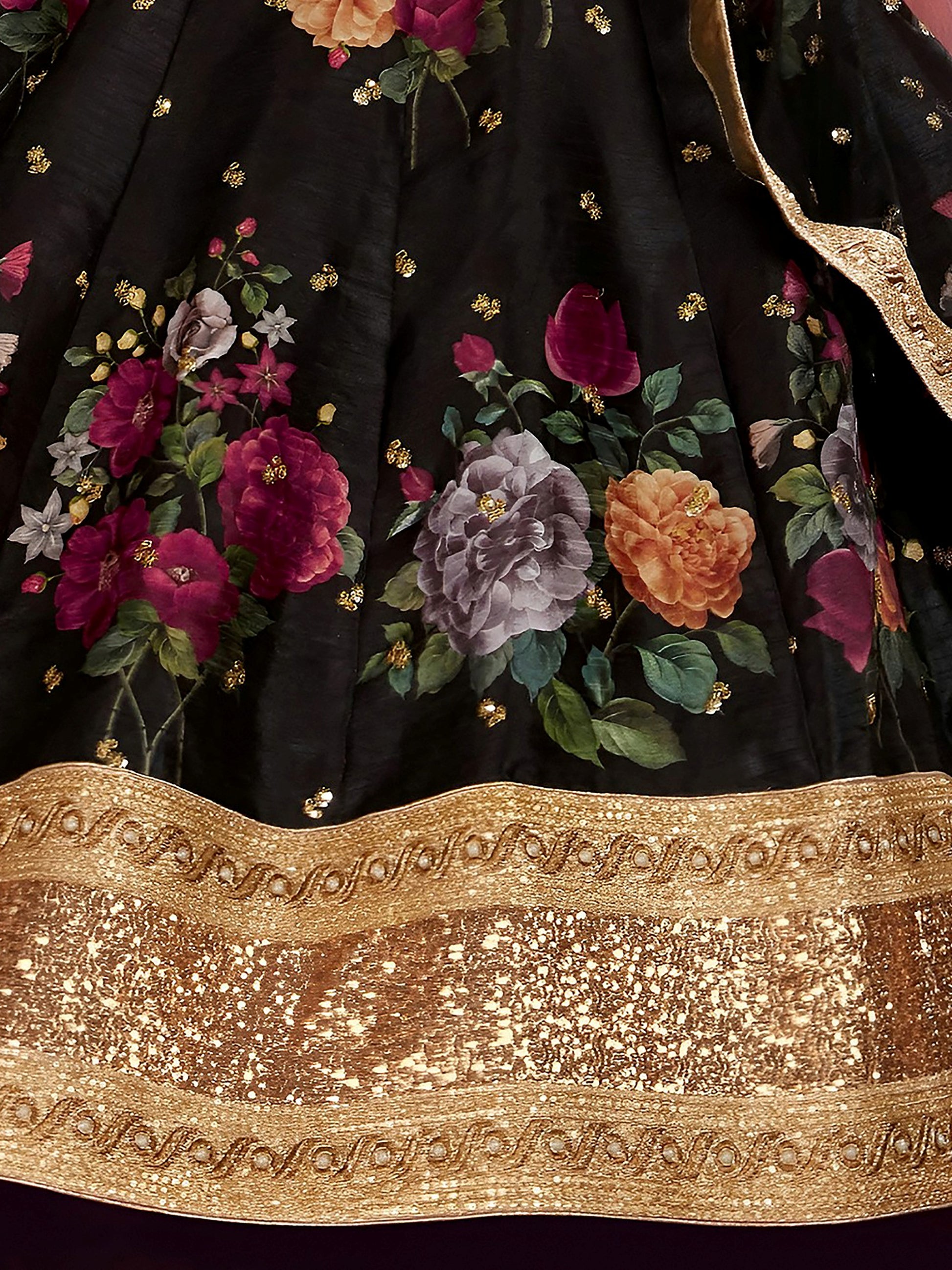 Black Floral Print Banglori Silk Sangeet Wear Lehenga Choli