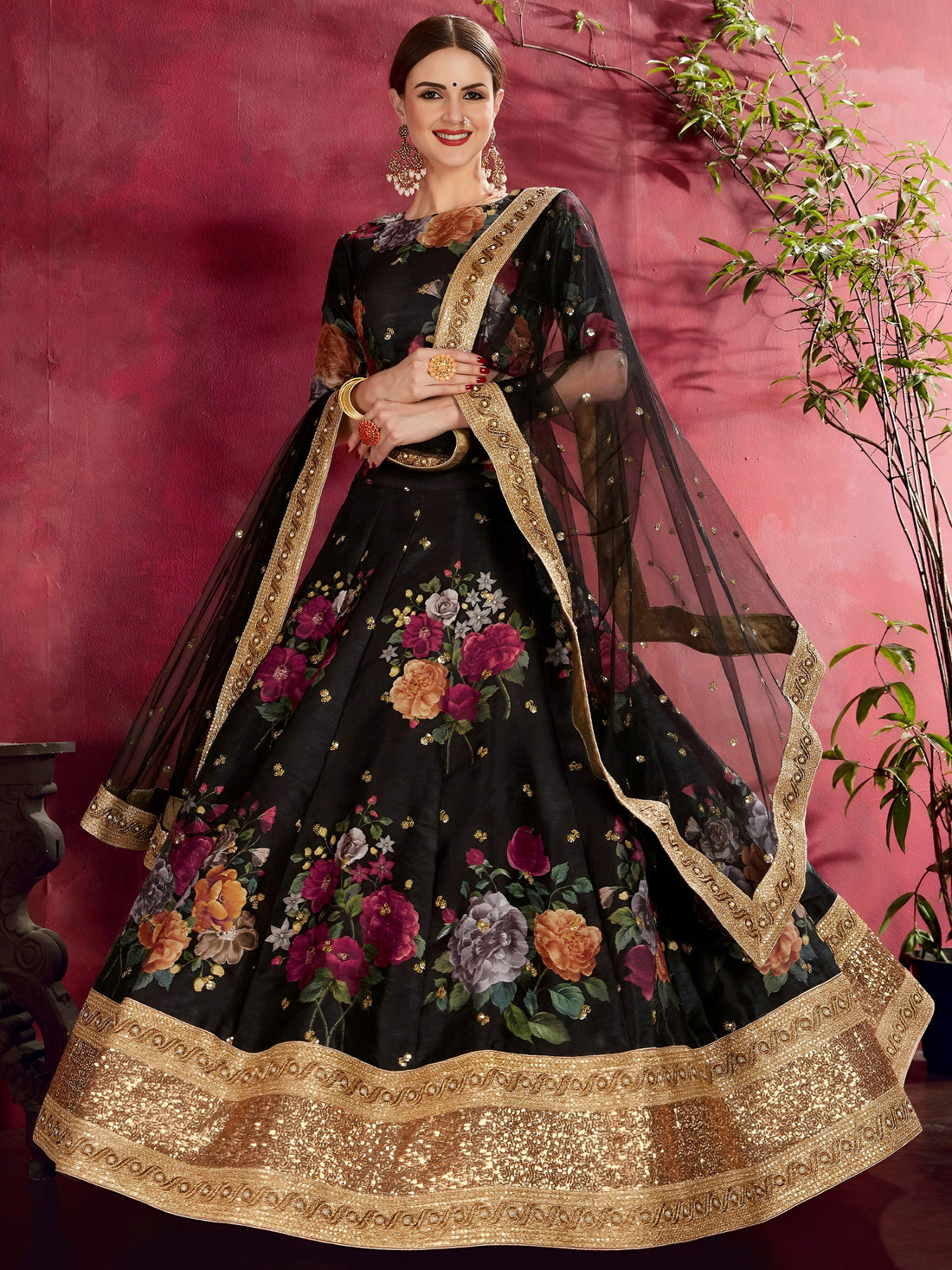 Black Floral Print Banglori Silk Sangeet Wear Lehenga Choli