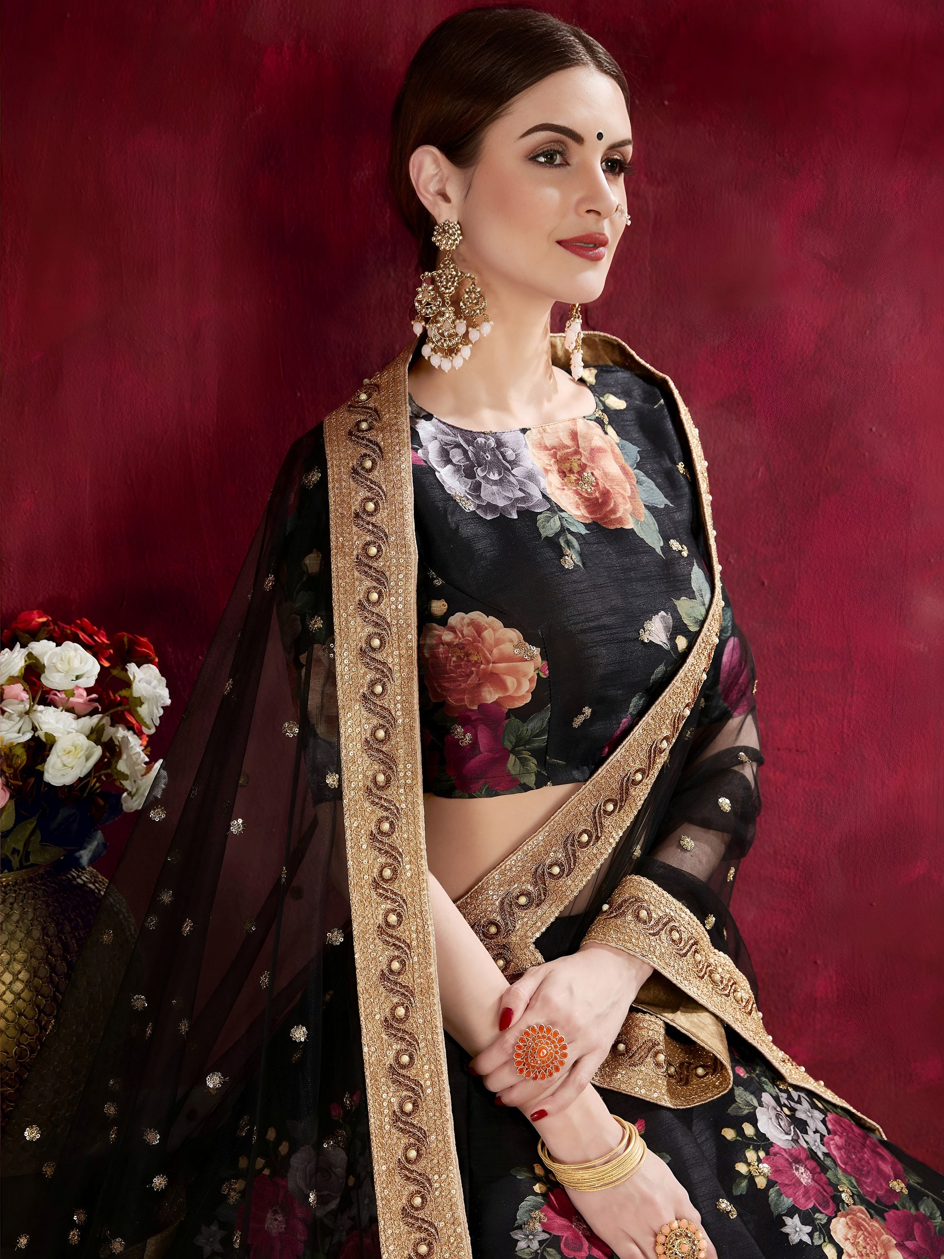 Black Floral Print Banglori Silk Sangeet Wear Lehenga Choli