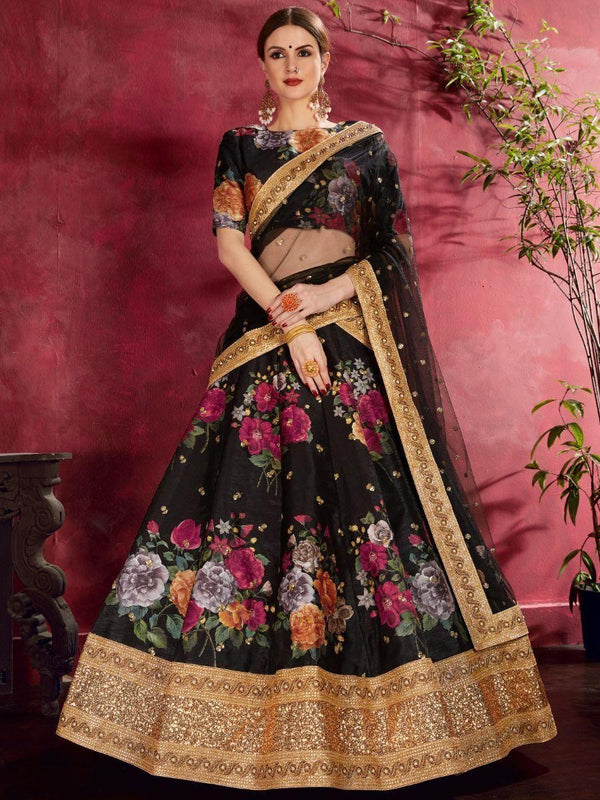 Black Floral Print Banglori Silk Sangeet Wear Lehenga Choli