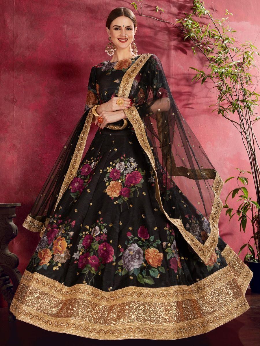 Black Floral Print Banglori Silk Sangeet Wear Lehenga Choli