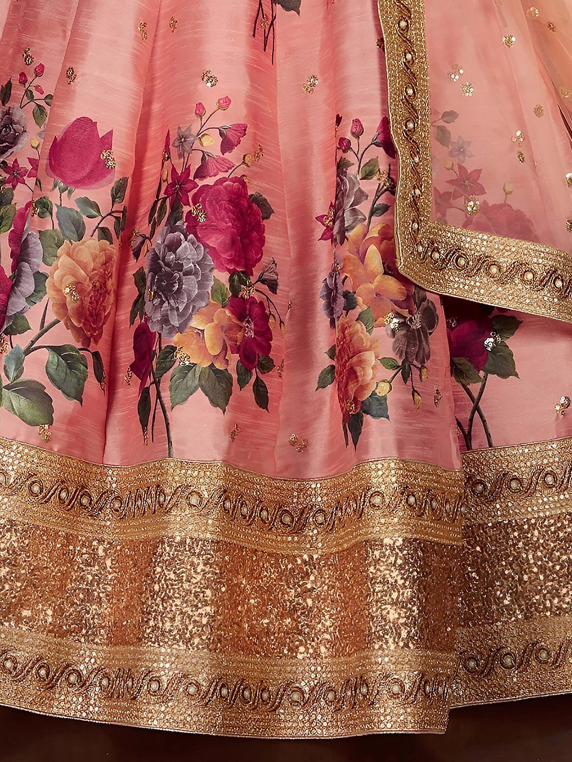 Peach Floral Print Banglori Silk Wedding Wear Lehenga Choli