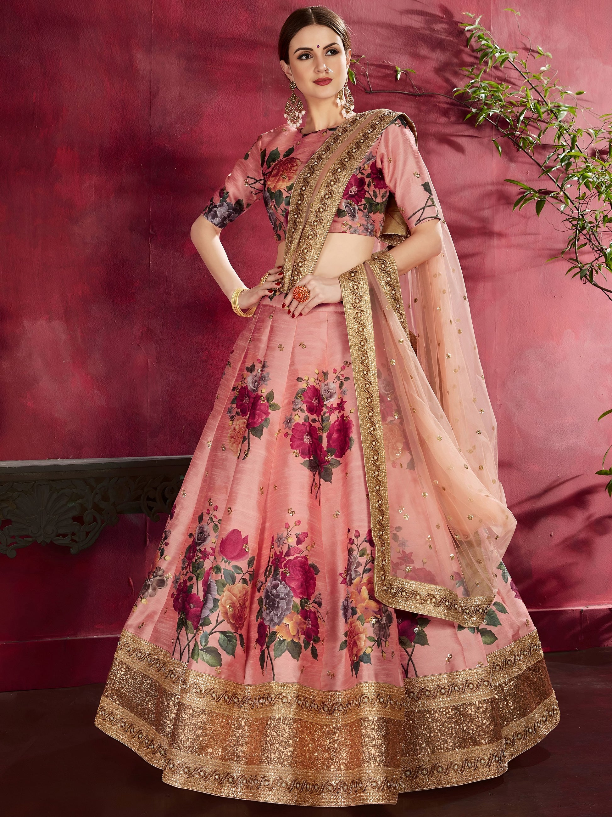 Peach Floral Print Banglori Silk Wedding Wear Lehenga Choli