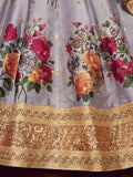 Grey Floral Print Banglori Silk Wedding Wear Lehenga Choli
