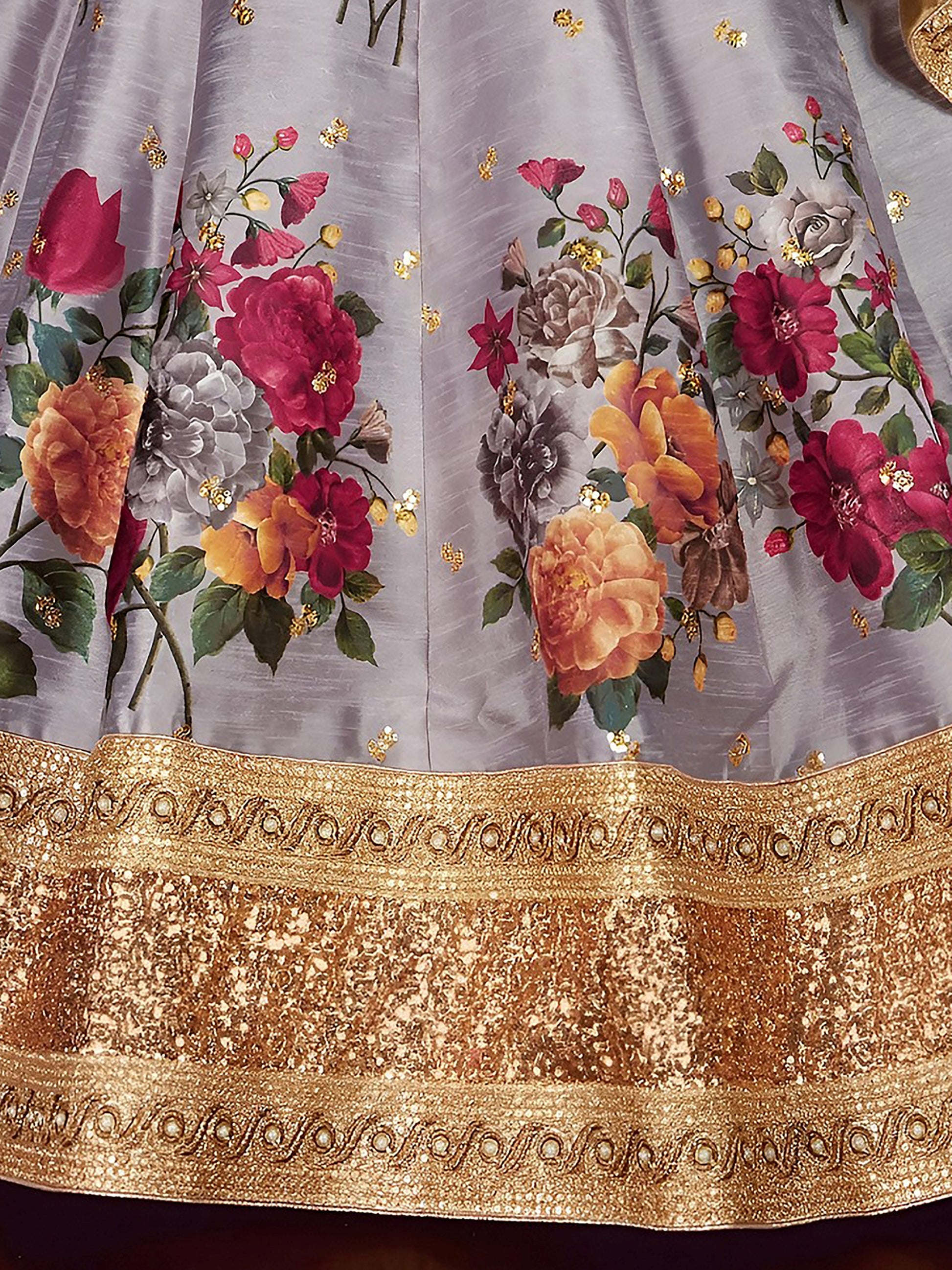 Grey Floral Print Banglori Silk Wedding Wear Lehenga Choli
