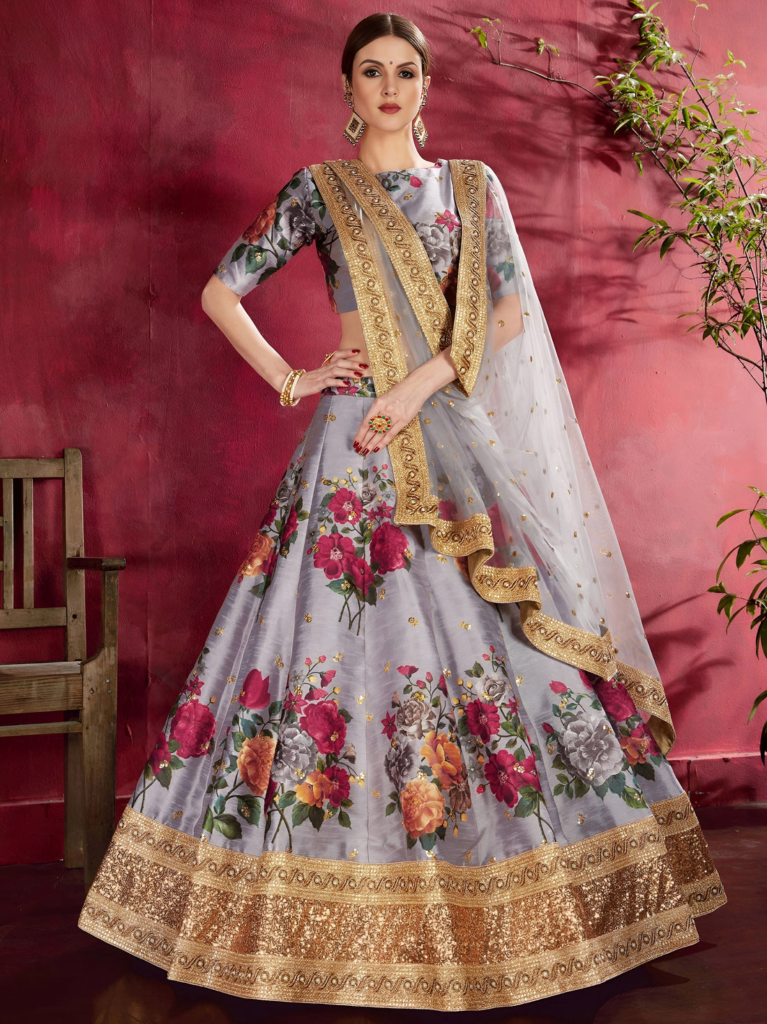 Grey Floral Print Banglori Silk Wedding Wear Lehenga Choli