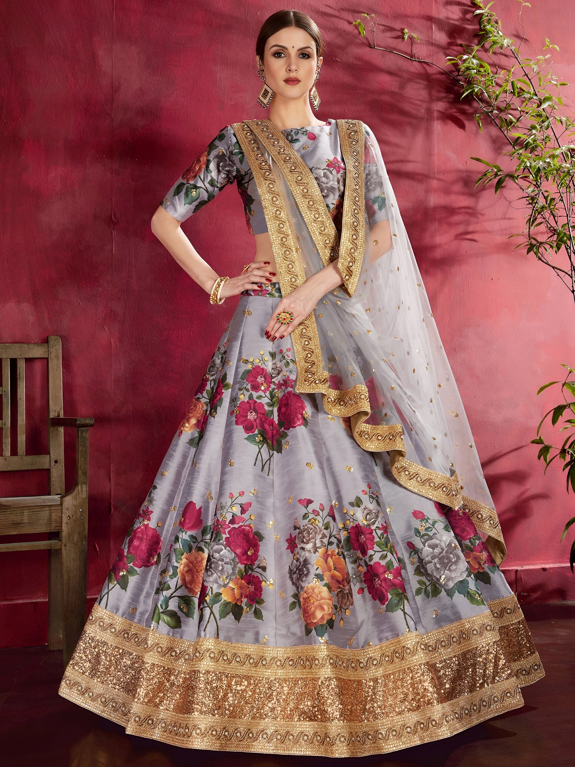 Grey Floral Print Banglori Silk Wedding Wear Lehenga Choli