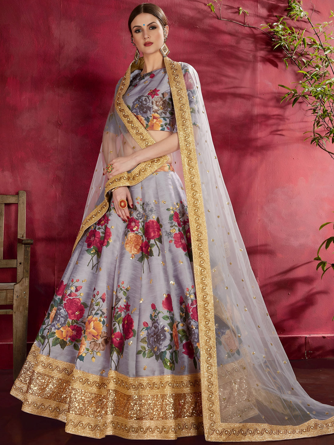 Grey Floral Print Banglori Silk Wedding Wear Lehenga Choli