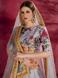 Grey Floral Print Banglori Silk Wedding Wear Lehenga Choli