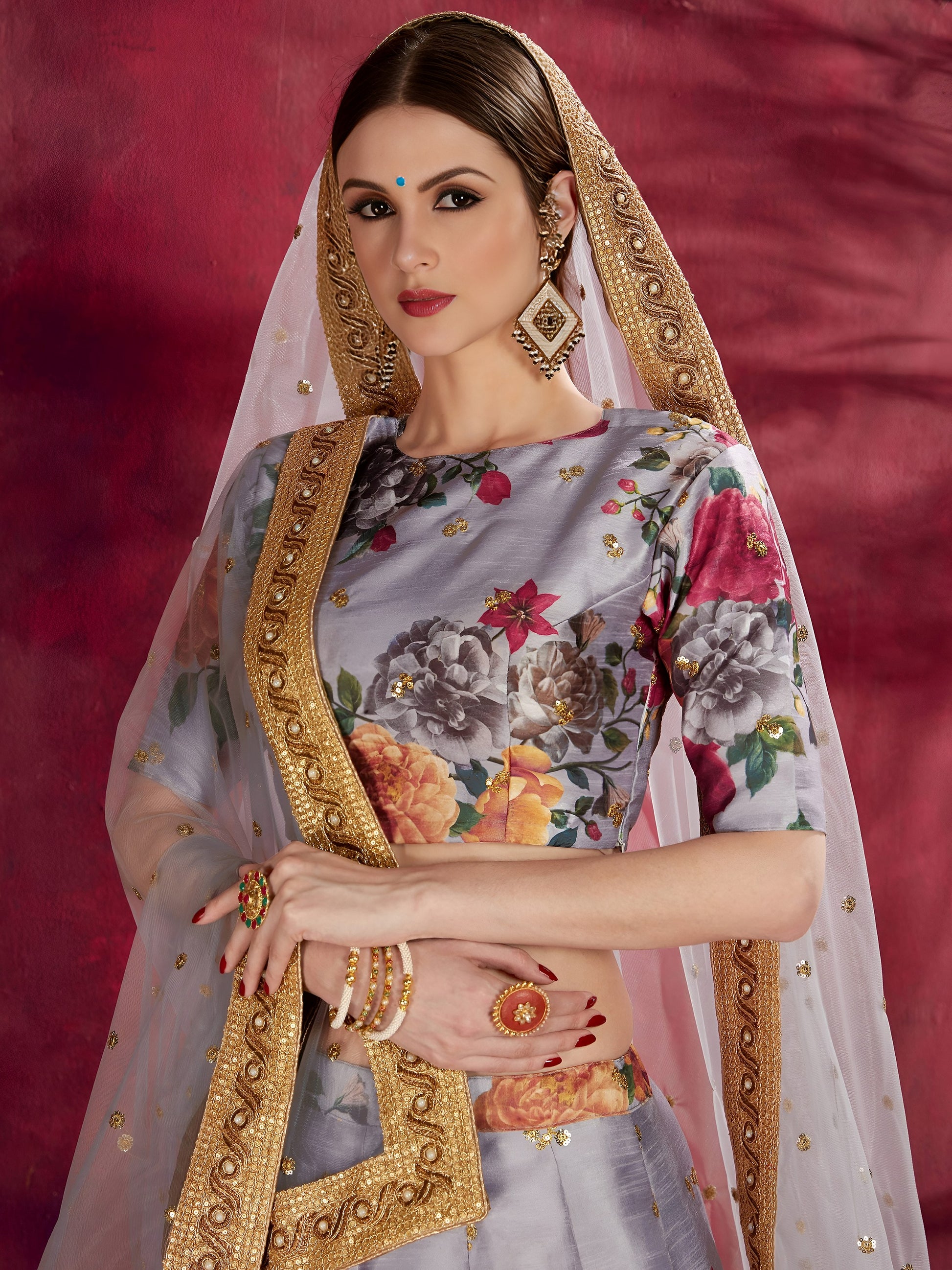 Grey Floral Print Banglori Silk Wedding Wear Lehenga Choli