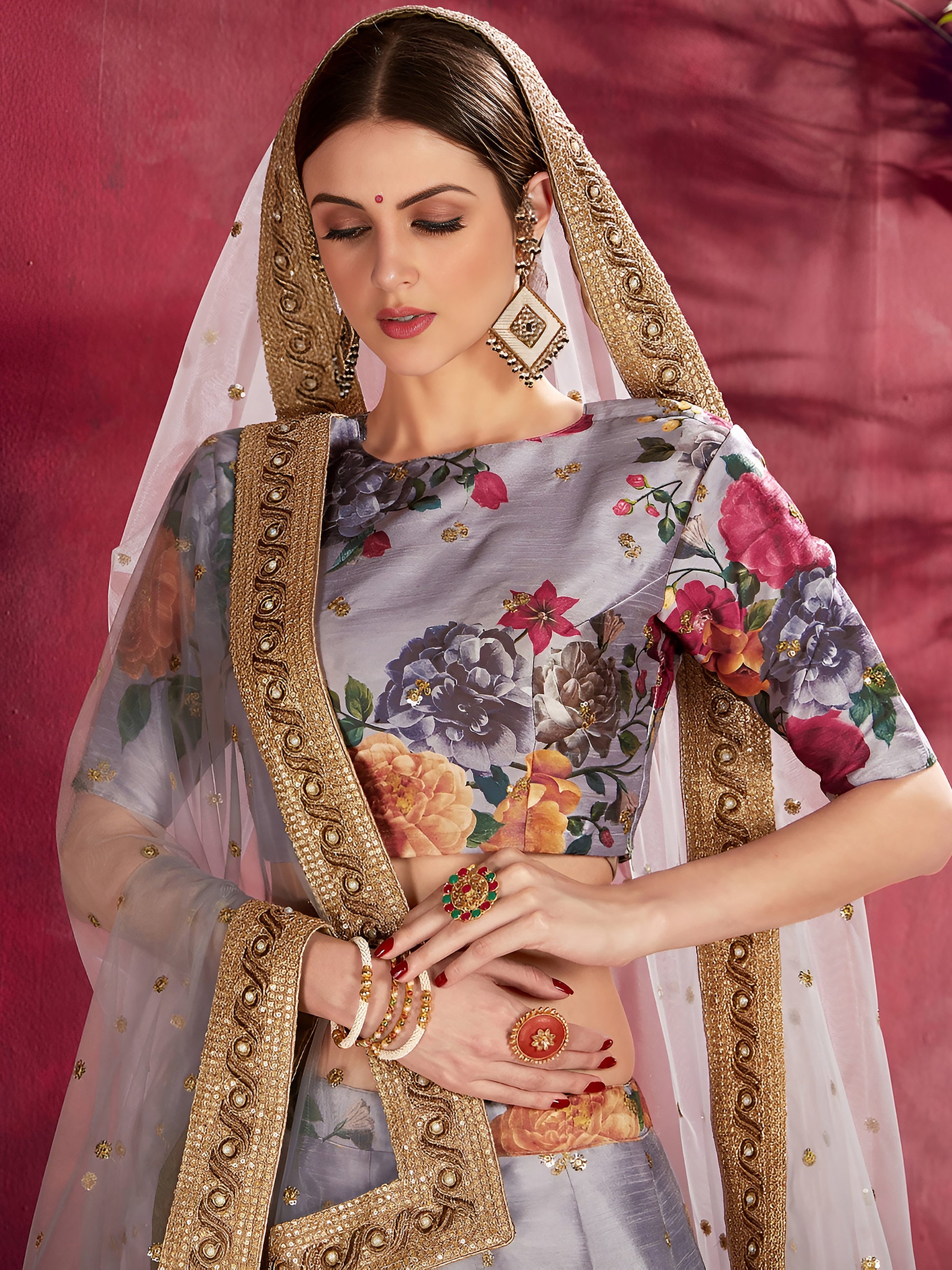 Grey Floral Print Banglori Silk Wedding Wear Lehenga Choli