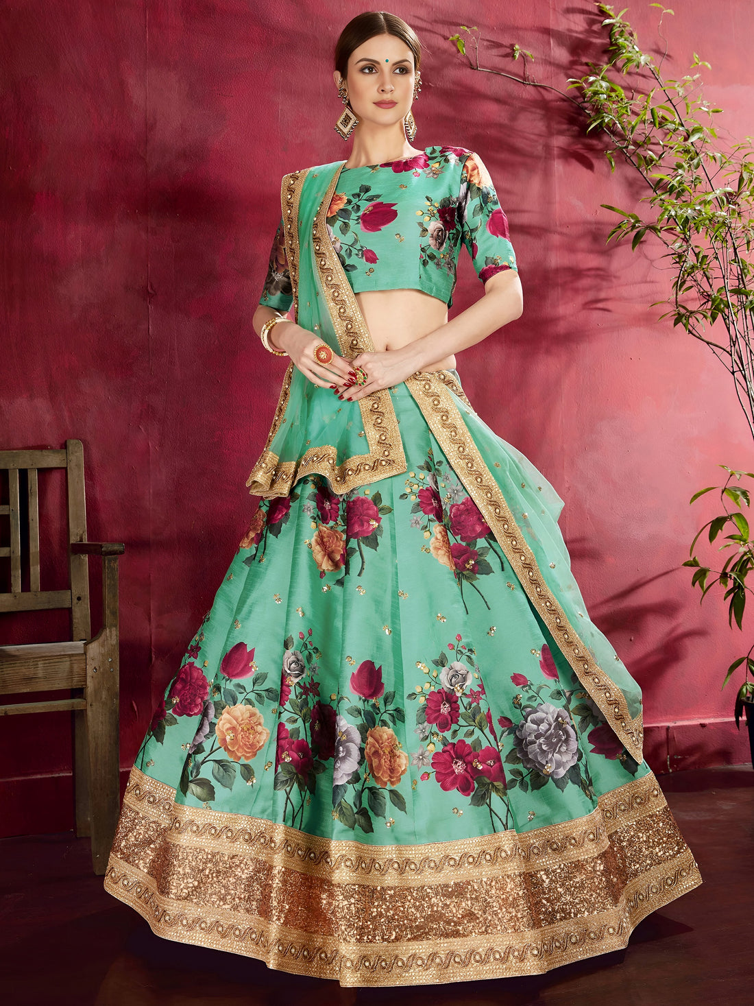Green Floral Print Banglori Silk Wedding Wear Lehenga Choli