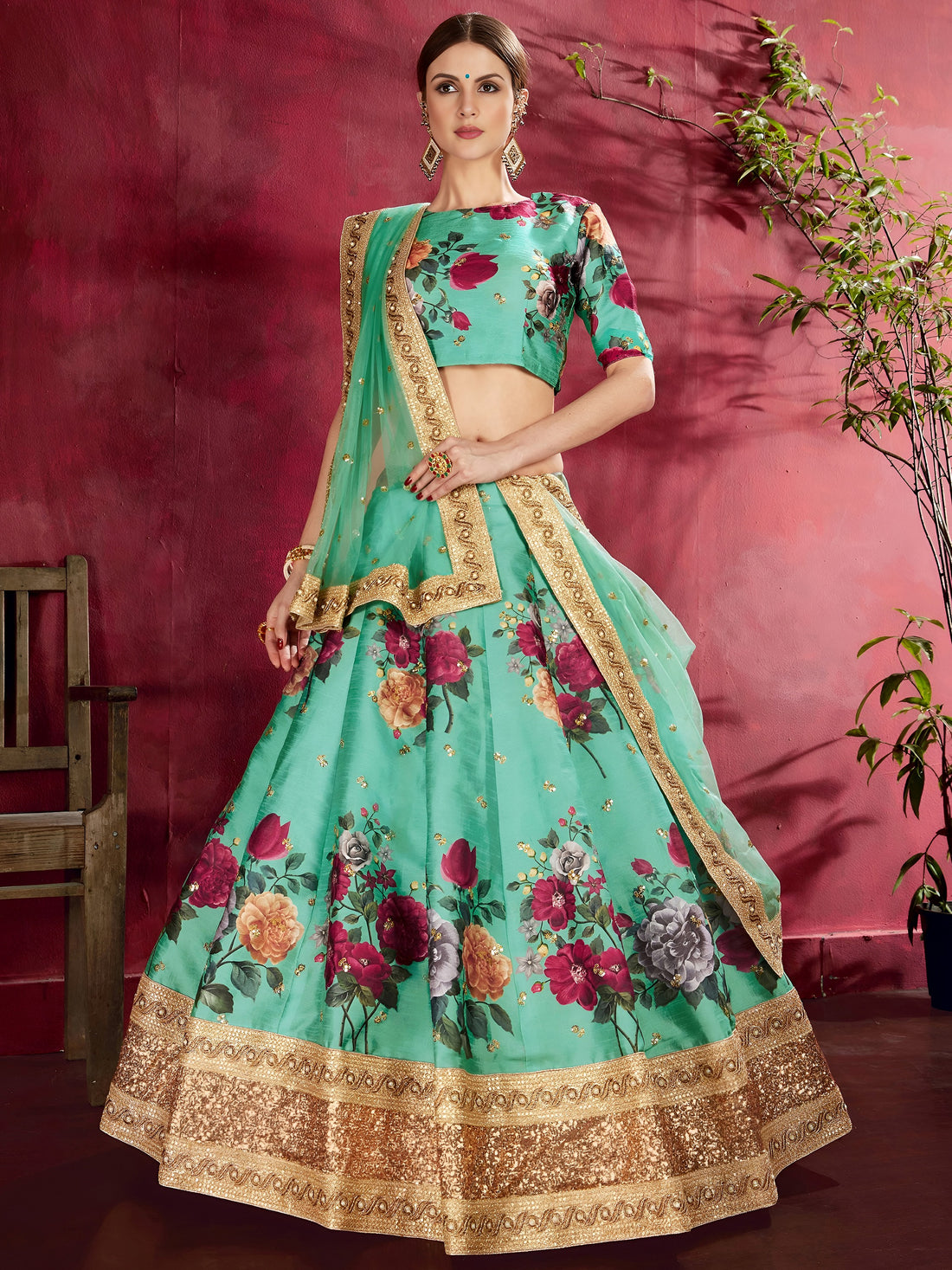 Green Floral Print Banglori Silk Wedding Wear Lehenga Choli