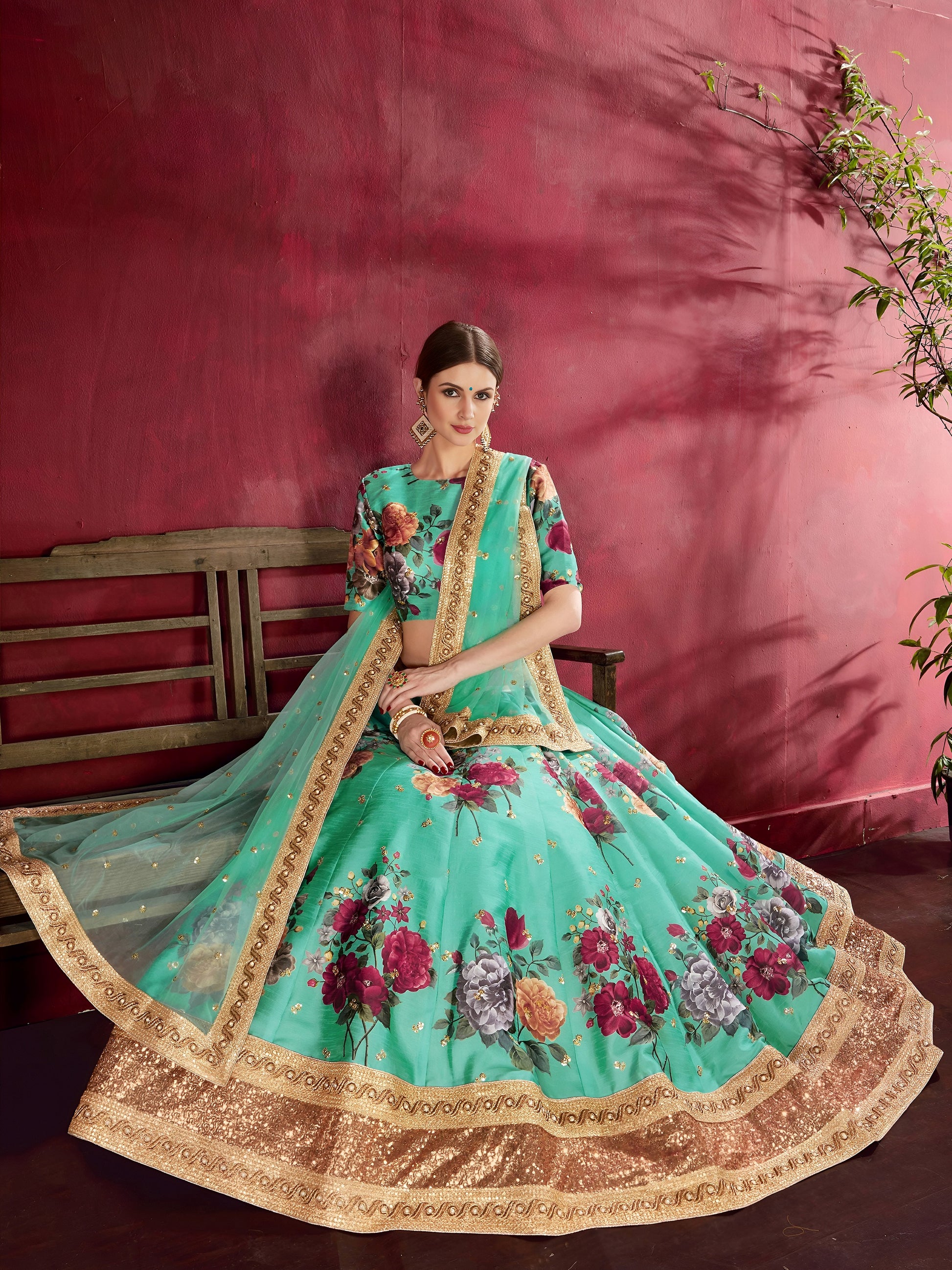 Green Floral Print Banglori Silk Wedding Wear Lehenga Choli