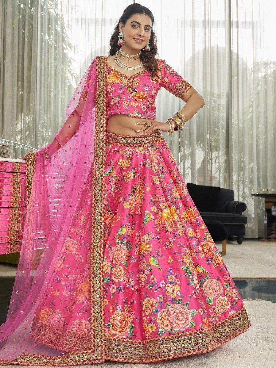 Deep Pink Floral Printed Art Silk Wedding Wear Lehenga Choli