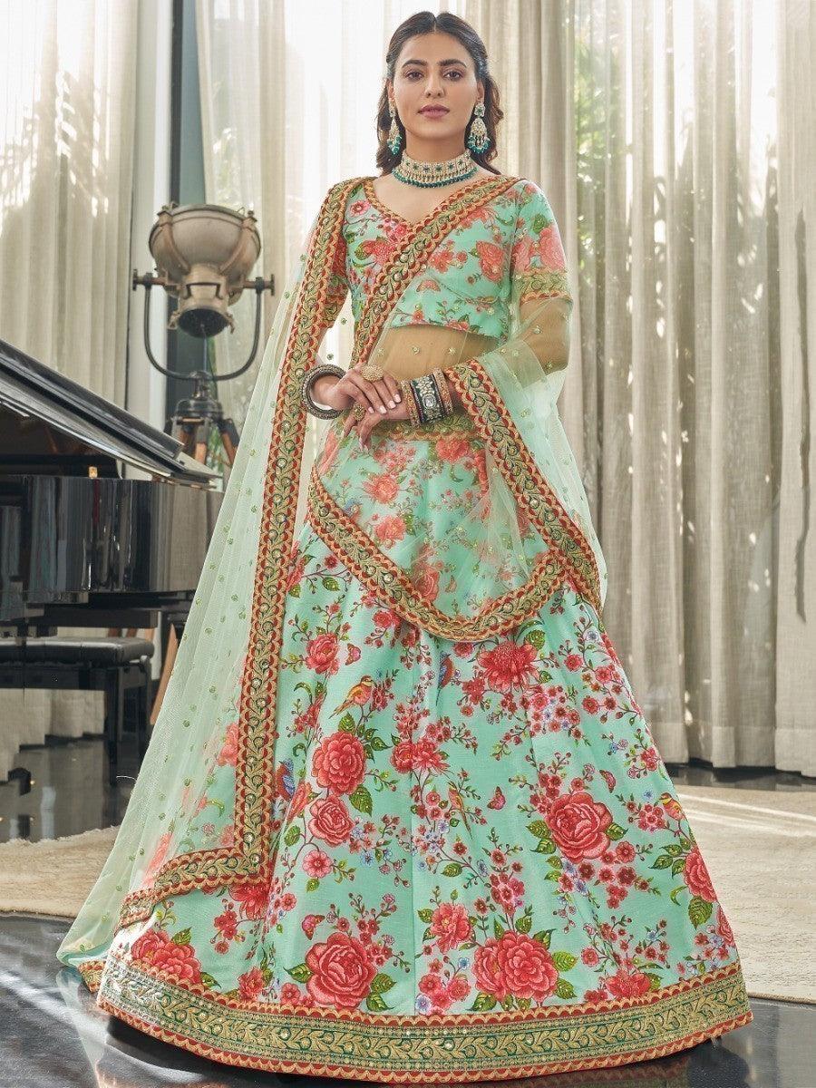 Mint Green Floral Printed Art Silk Wedding Wear Lehenga Choli
