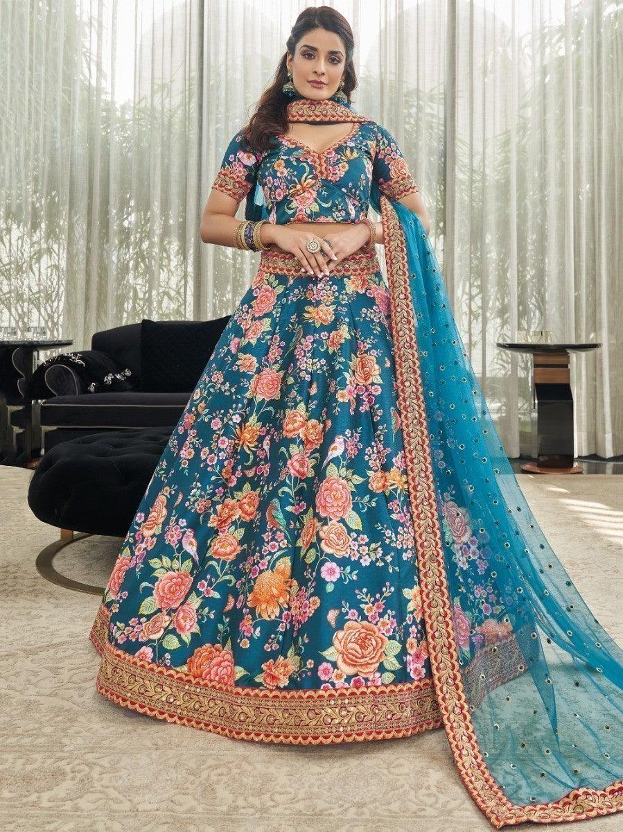Teal Blue Floral Printed Art Silk Wedding Wear Lehenga Choli